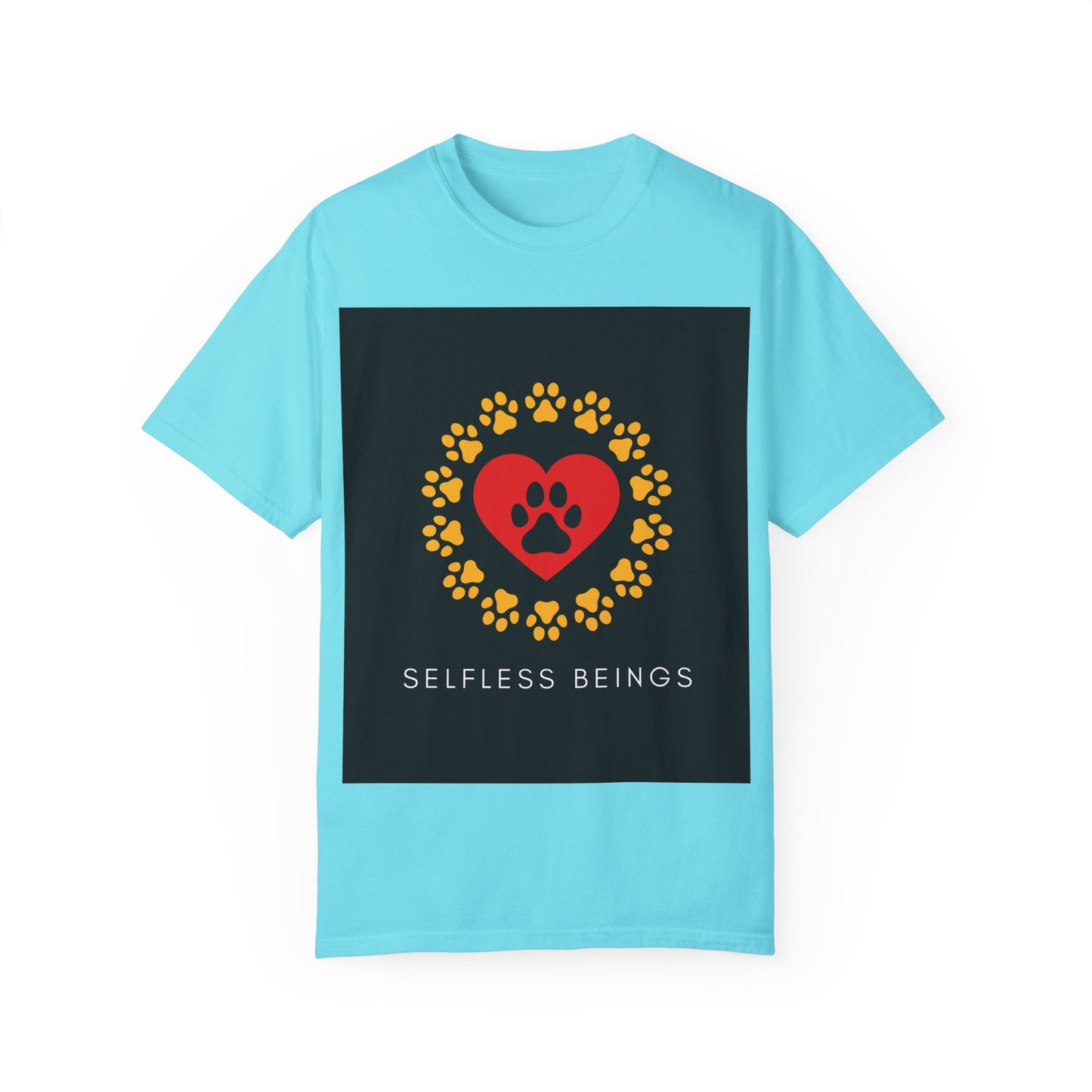 Unisex Dog Lover T-Shirt With Graphic of Yellow Paw Prints In Circle Contain Red Heart Which Contains Black Dog Paw Print Inside and Caption Selfless Beings