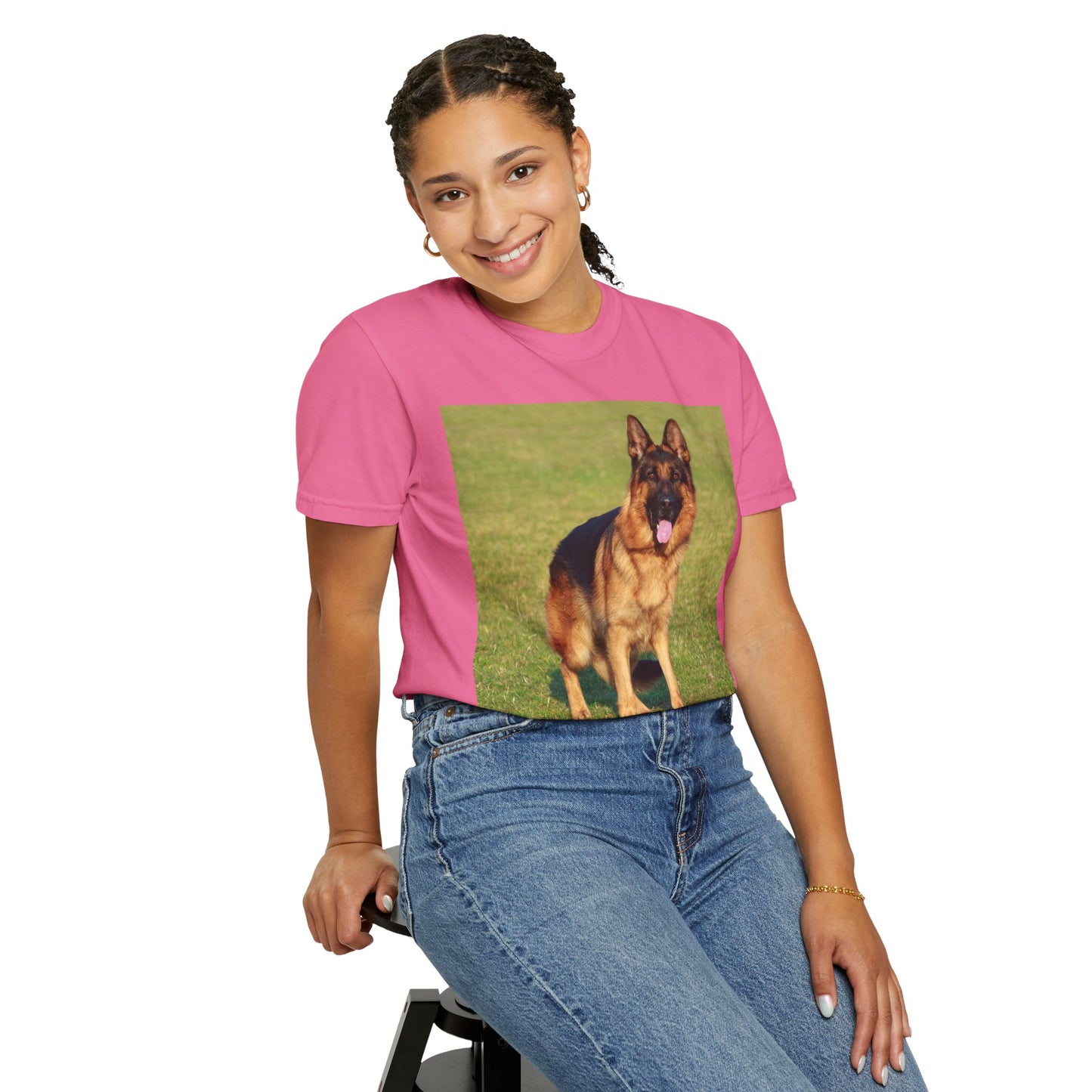 Unisex Dog Lover T-shirt With a German Shepherd on the Sports Grass Field and Caption Selfless Beings