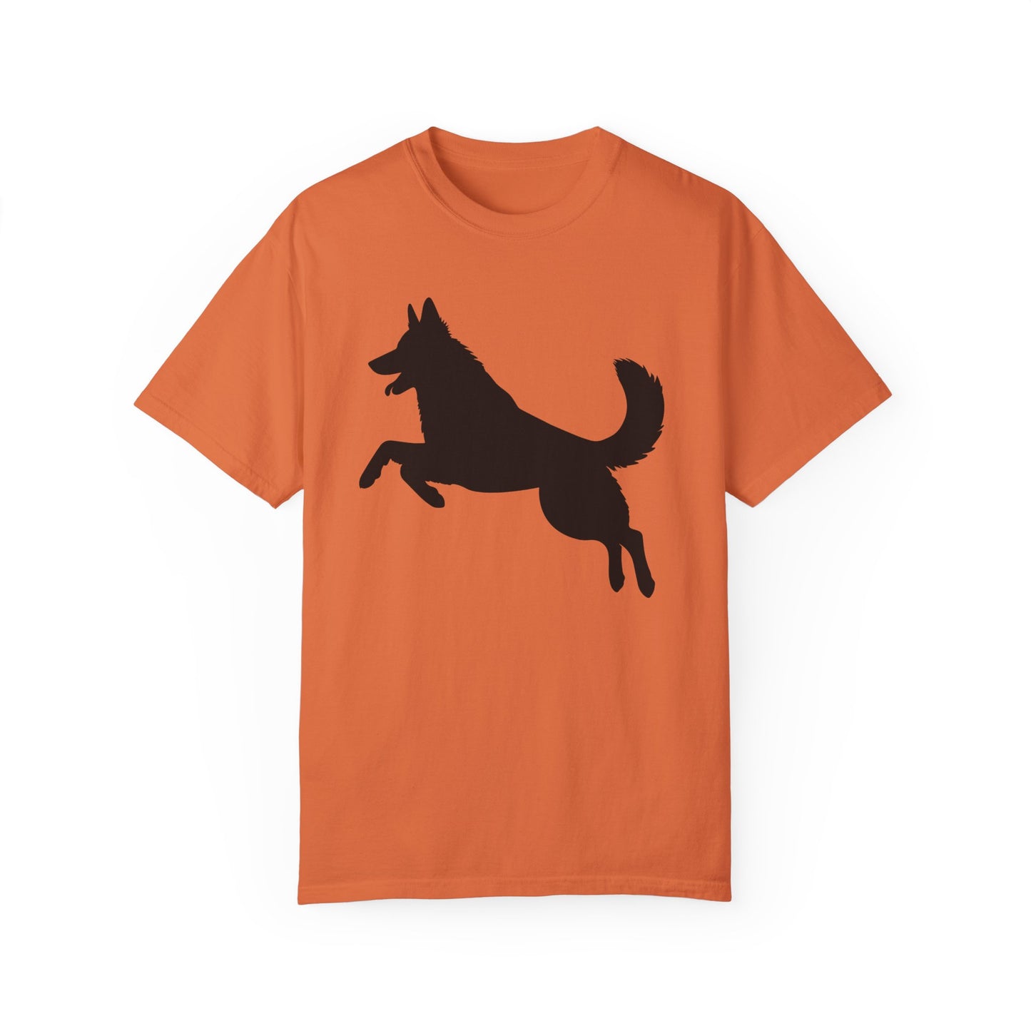 Unisex Dog Lover T-Shirt With a Graphic of Solid Black German Shepherd Jumping in the Air