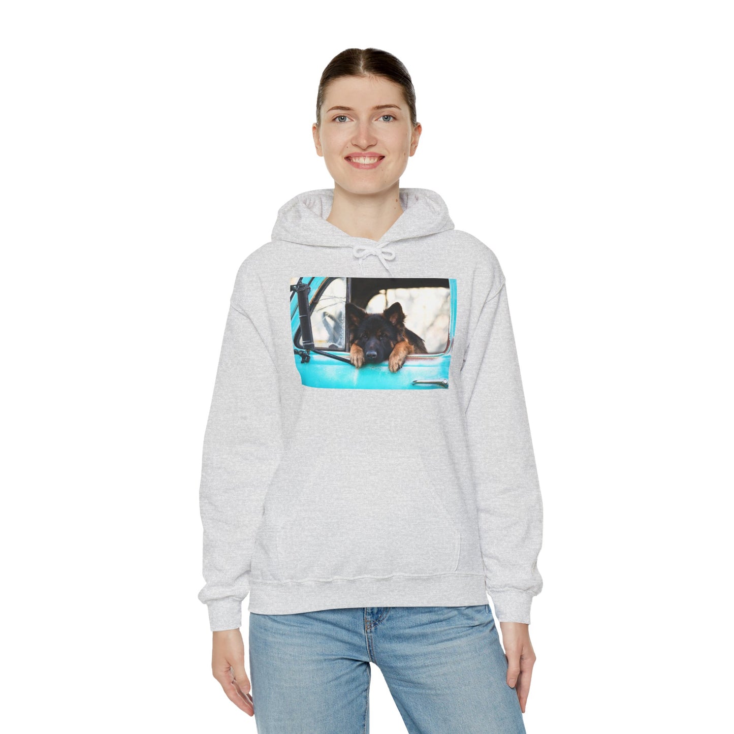 Unisex Dog Lover Hoodie With German Shepherd Puppy Putting His Head and Front Legs On The Truck Seat's Window