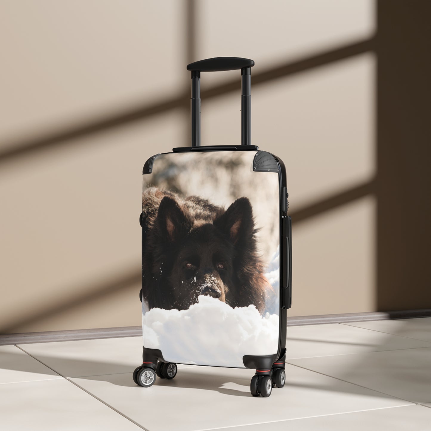 Winter Wonderland Dog Suitcase - A Giant Black German Shepherd Resting on the Snow