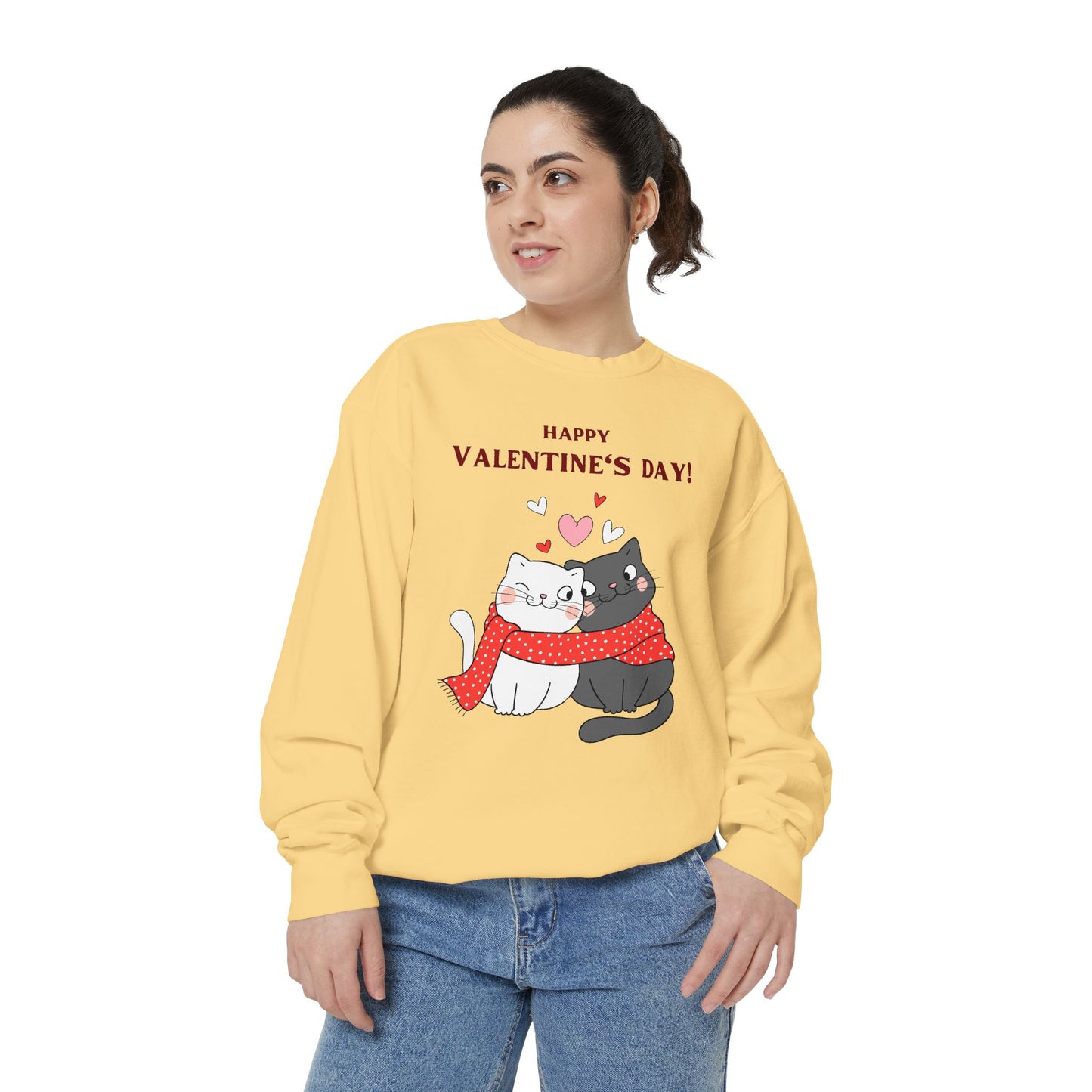 Unisex Valentine's Day Sweatshirt With Black and Grey Cat Couple and Caption Happy Valentine's Day