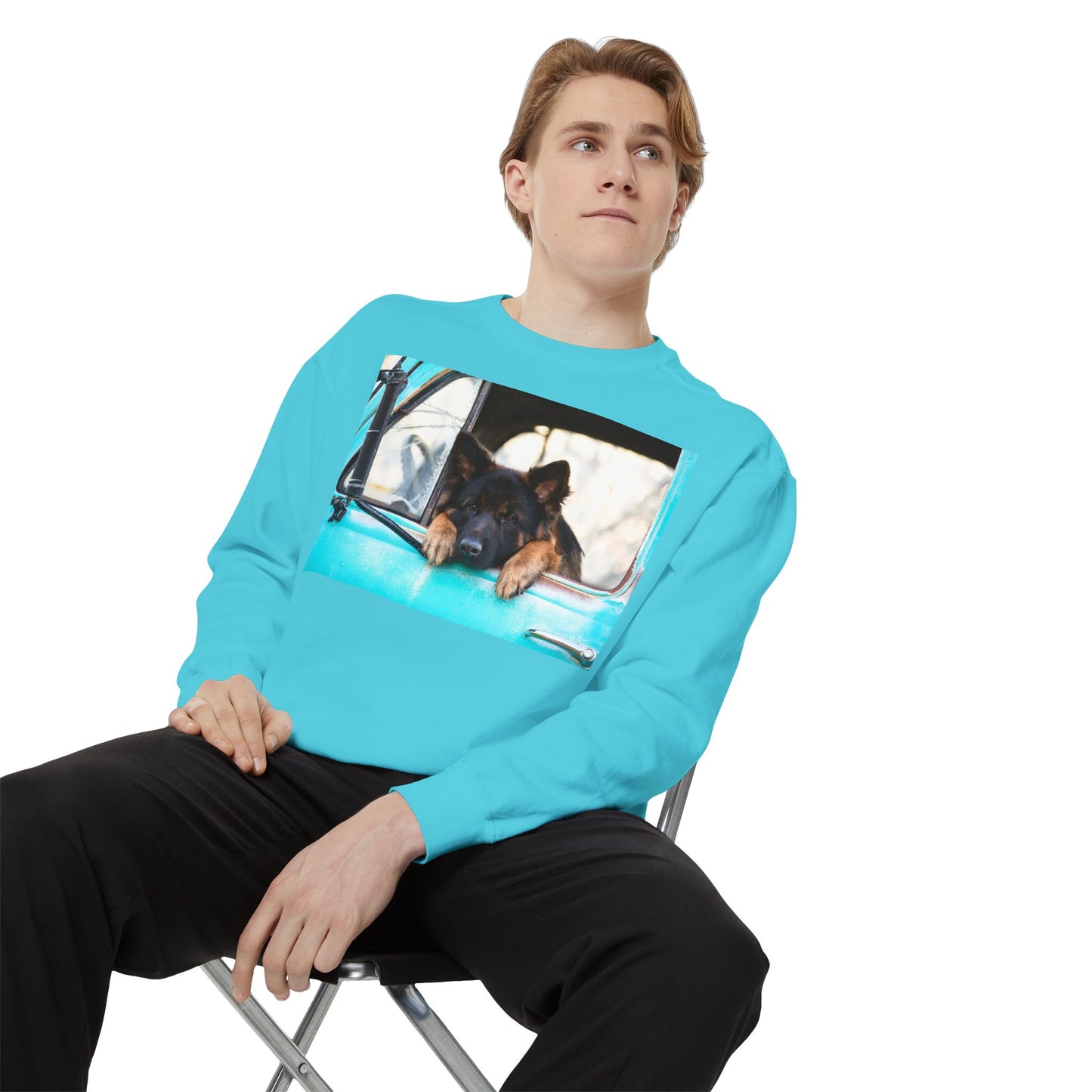 Unisex Dog Lover Sweatshirt With a German Shepherd Puppy Putting His Head and Front Legs On The Truck Seat's Window