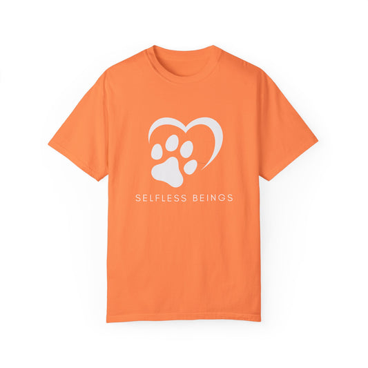 Unisex Dog Lover T-Shirt With Graphic of Half Heart and Dog Paw Print and Caption Selfless Beings Below
