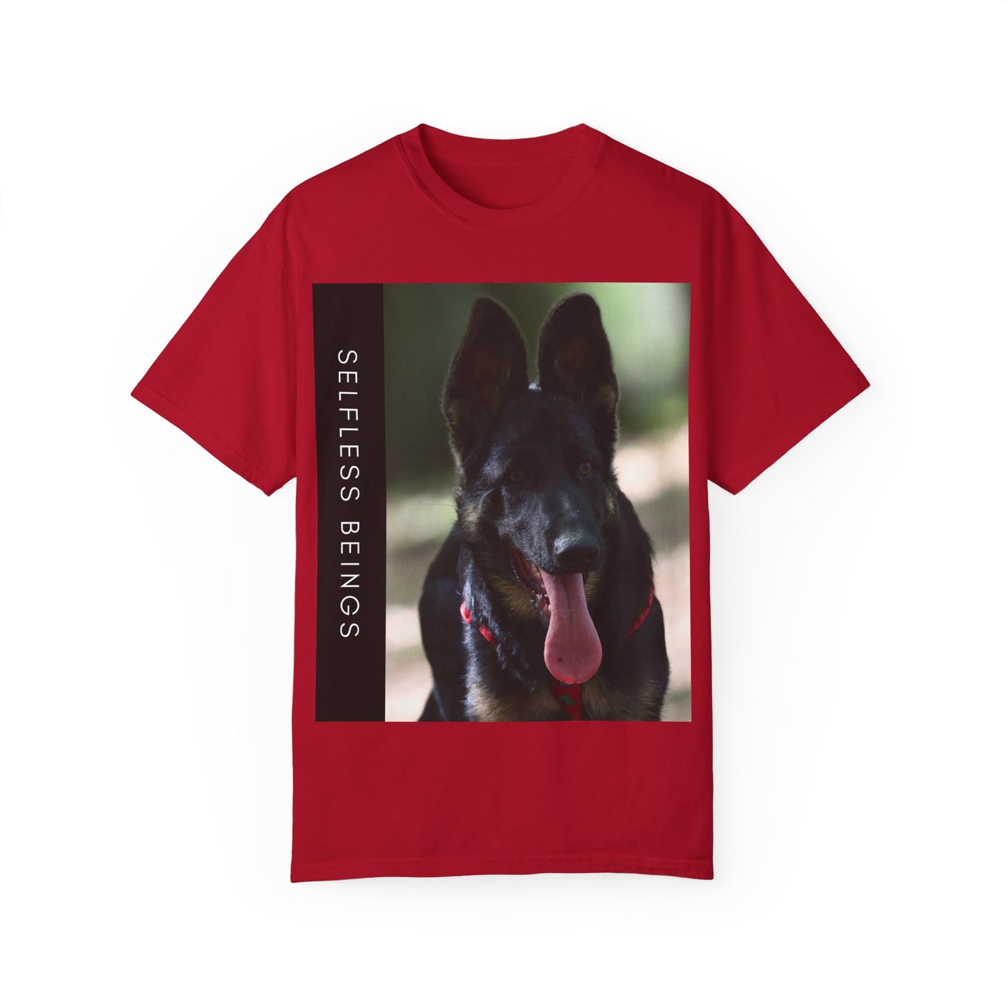 Unisex Dog Lover T-Shirt With Close Up Portrait of Slim German Shepherd Leaving His Tongue Out and Caption Selfless Beings