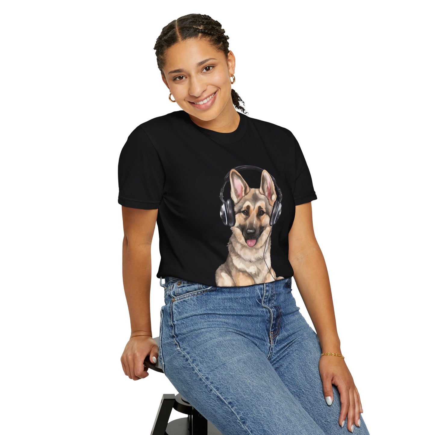 Unisex Dog Lover T-Shirt With a Graphic of German Shepherd Wearing Headphones Enjoying Music