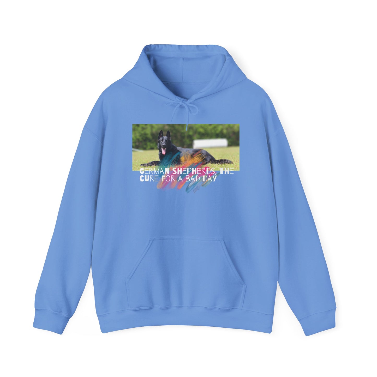 Unisex Dog Lover Hoodie With a Black German Shepherd Leaving Tongue Out and Caption The Cure for Bad Day