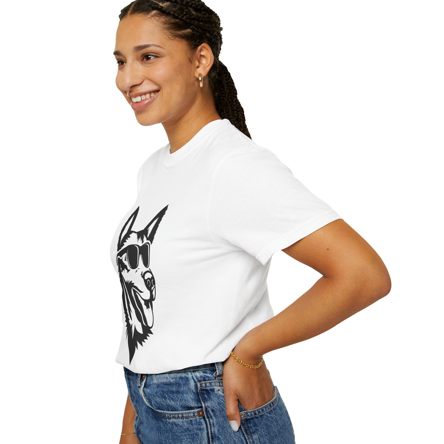 Unisex Dog Lover T-Shirt With a Graphic of Close Up Faced German Shepherd Wearing Black Glasses