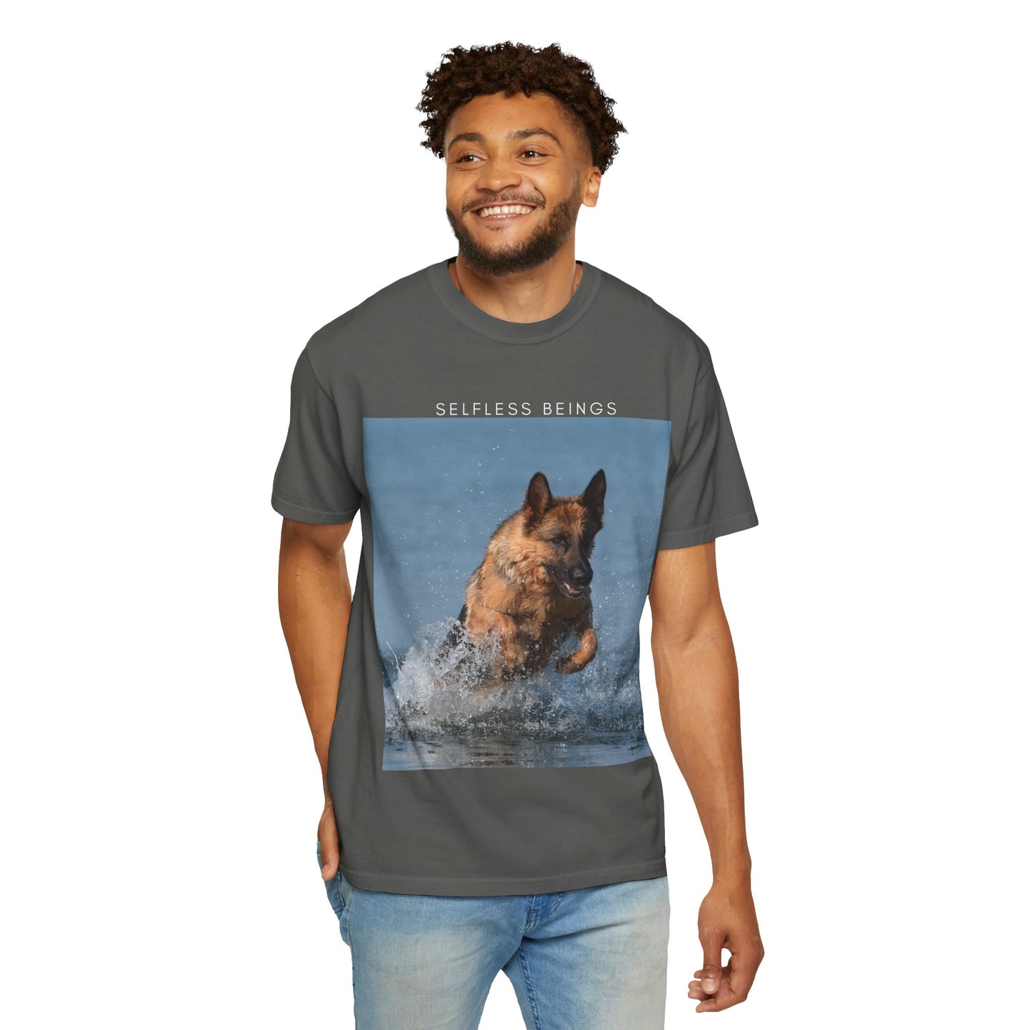 Unisex Dog Lover T-Shirt With Showline German Shepherd Swimming in the Sea and Caption Selfless Beings on Top