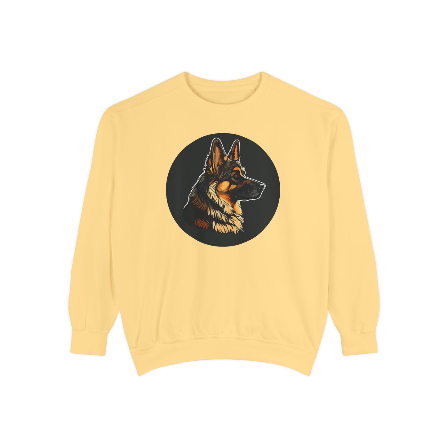 Unisex Dog Lover Sweatshirt With a Close Up Graphic of a German Shepherd Inside a Black Circle
