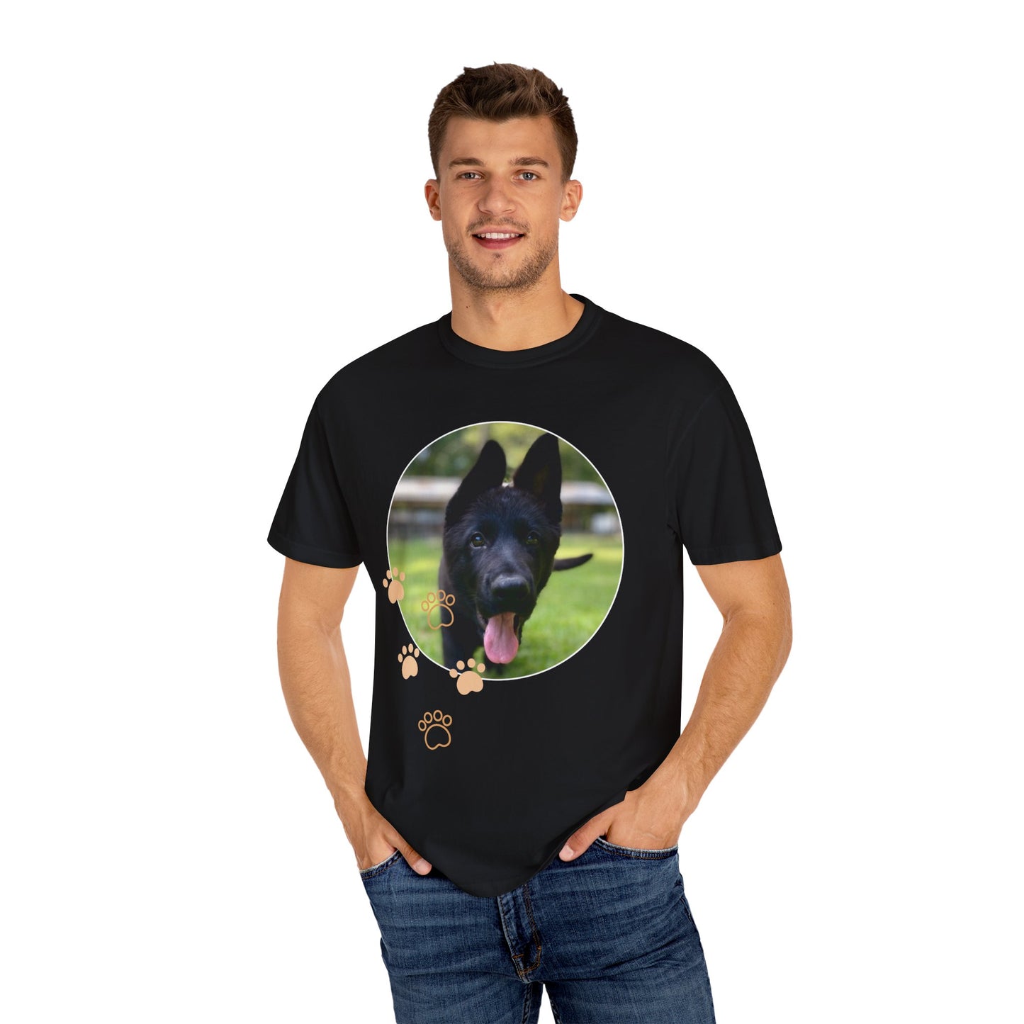 Unisex Dog Lover T-Shirt With Black German Shepherd Puppy Walking on Grass Leaving Tongue Out and Paw Icons
