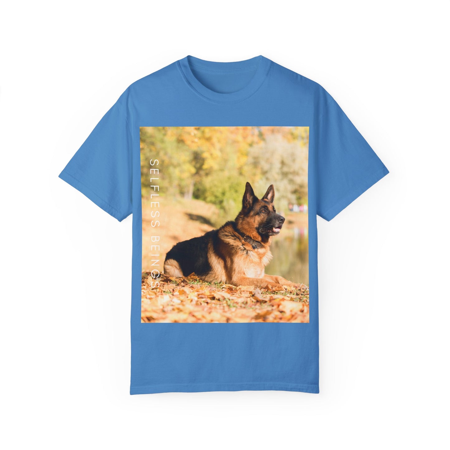 Unisex Dog Lover T-Shirt With a German Shepherd Resting in the Autumn Park on Leaves Near a Pond and Caption Selfless Beings