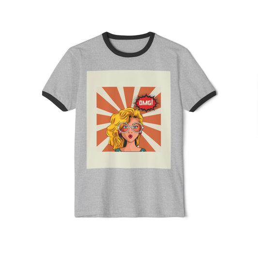 Vintage Graphic Ringer T-Shirt with ‘OMG!’ Design, Retro Cool Tee, Unisex Casual Wear, Gift for Her or Him, Trendy Apparel