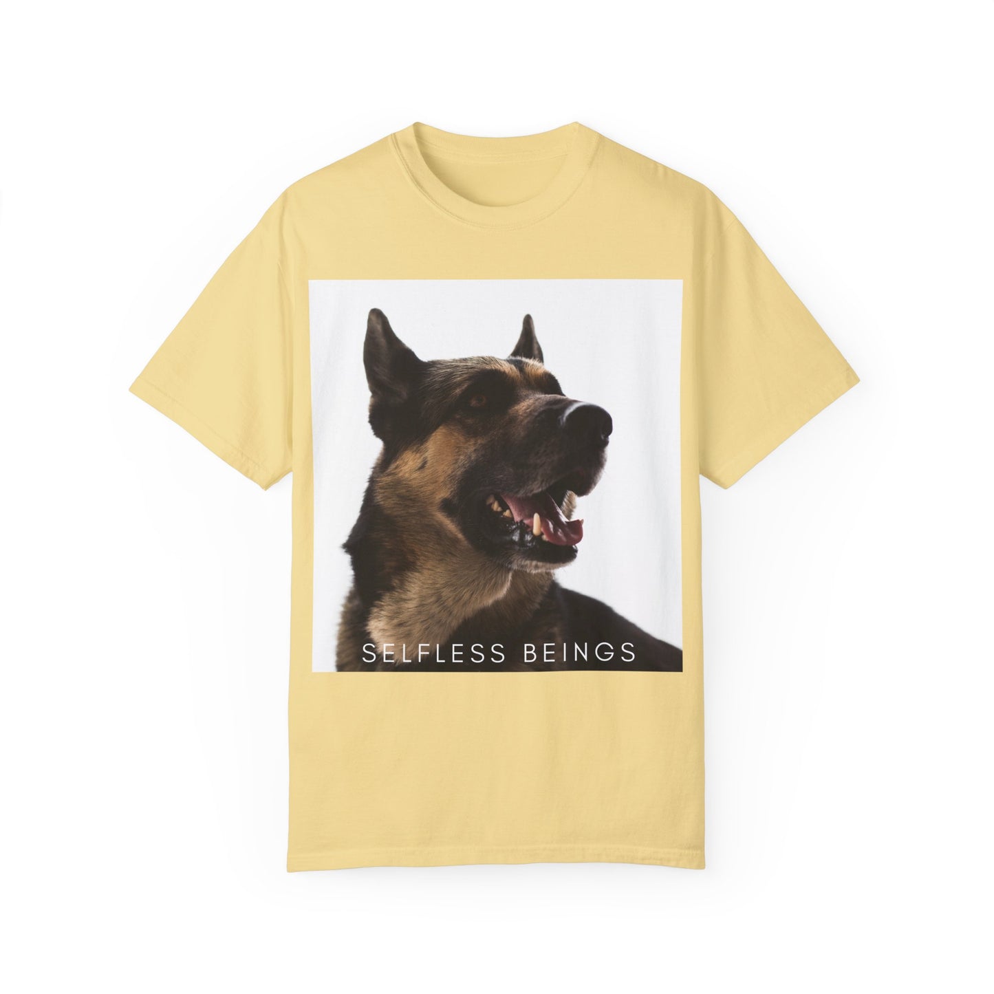 Unisex Dog Lover T-Shirt With Close Up of Large German Shepherd Turning His Face and Caption Selfless Beings