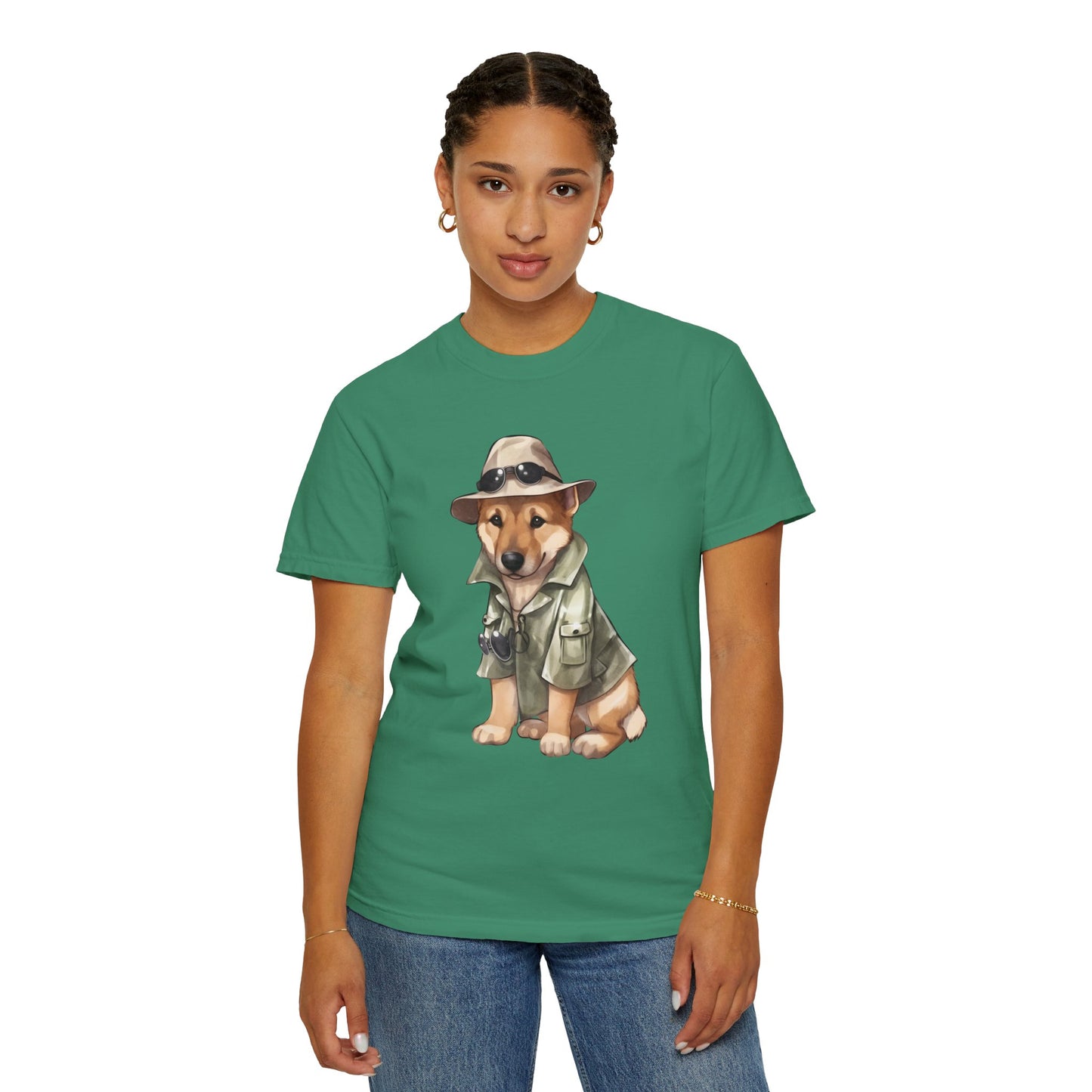 Unisex Dog Lover T-Shirt With a Graphic of German Shepherd Wearing Detector's Hat and Costume