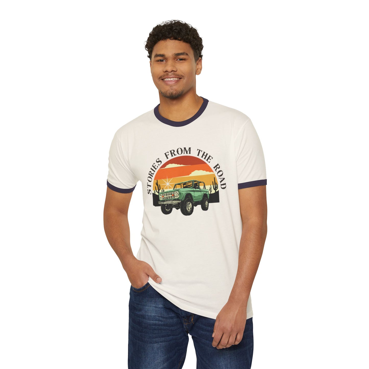Vintage Stories from the Road Unisex Cotton Ringer T-Shirt, Retro Adventure Tee, Travel Lovers Gift, Road Trip Apparel, Casual
