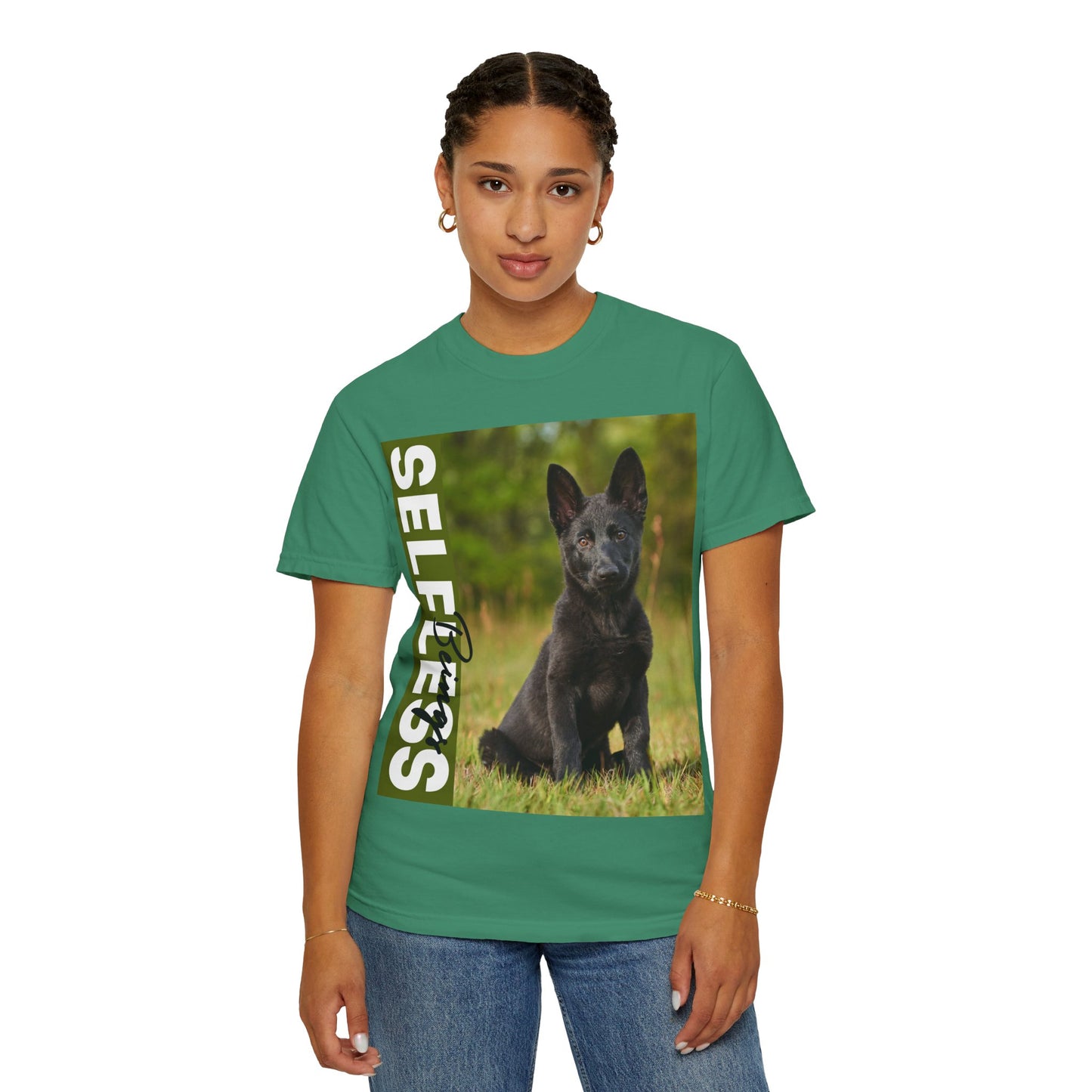 Unisex Dog Lover T-Shirt With Solid Black German Shepherd Puppy Sloppily Sitting on the Green Pasture and Caption Selfless Beings