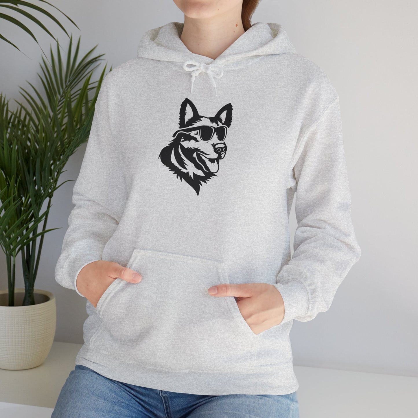 Unisex Dog Lover Hoodie With a Close Up Graphic of Black and White German Shepherd Wearing Black Glasses