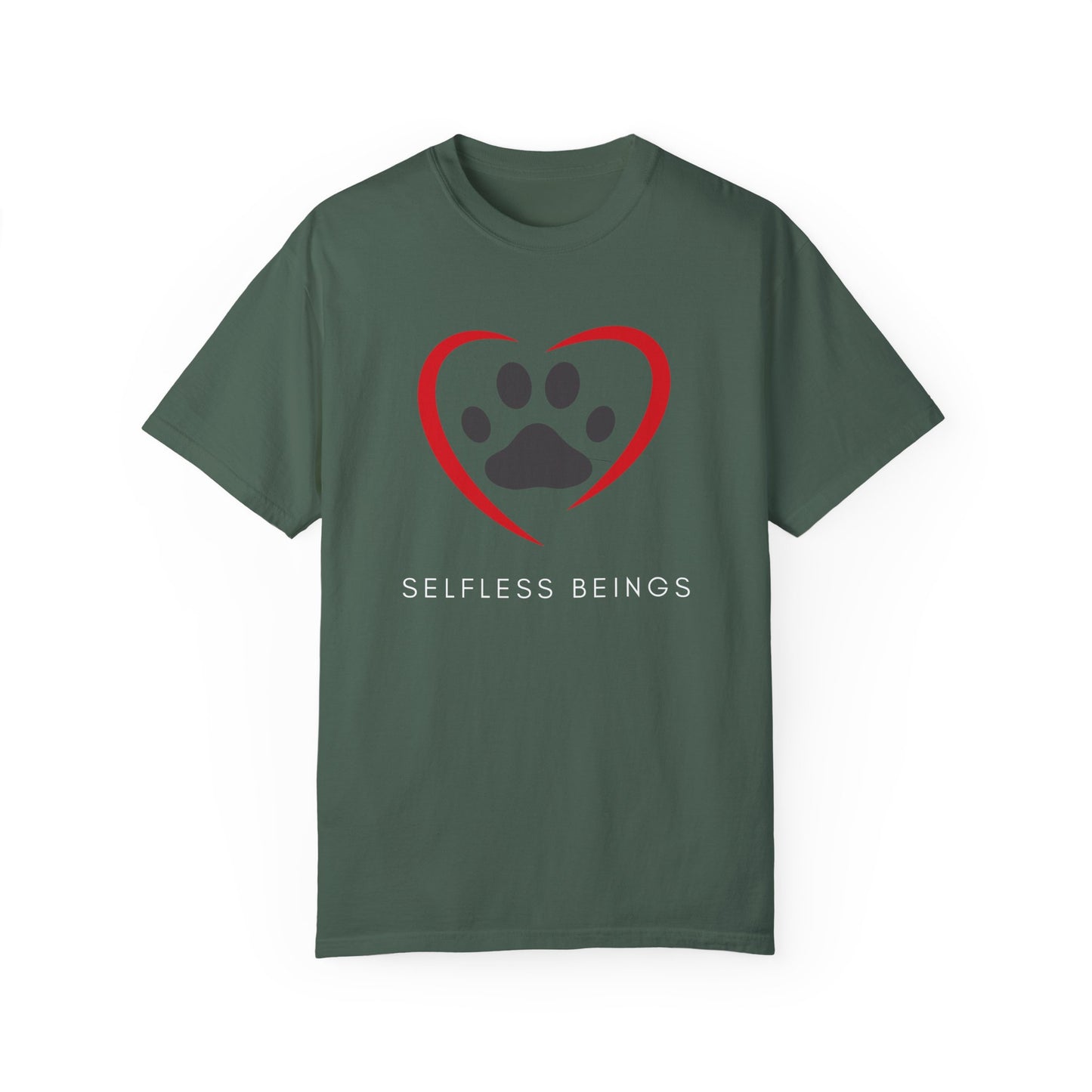 Unisex Dog Lover T-Shirt With Graphic of Curvy Heart Boundaries Contain Dog Paw Print and Caption Selfless Beings Below