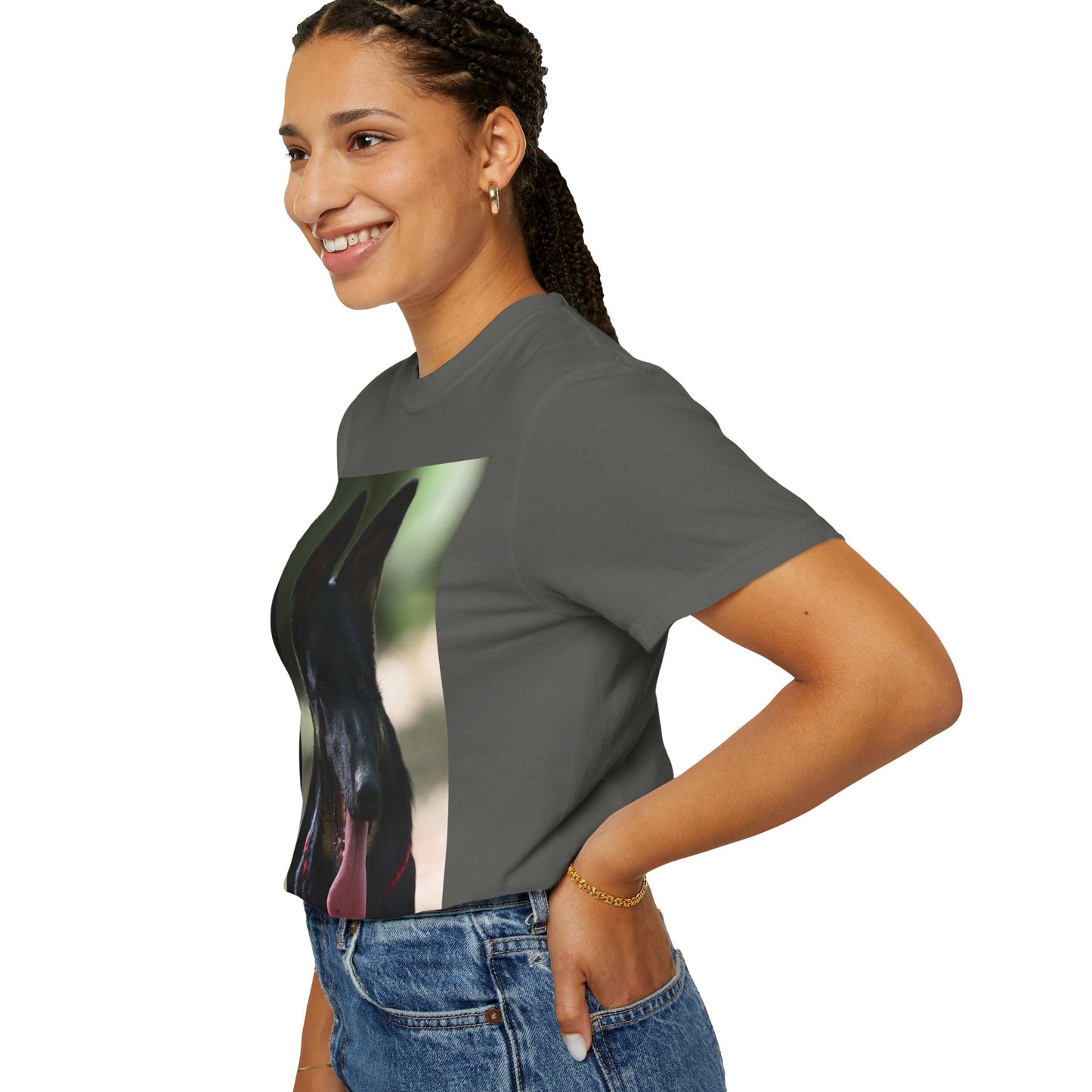 Unisex Dog Lover T-Shirt With Close Up Portrait of Slim German Shepherd Leaving His Tongue Out and Caption Selfless Beings