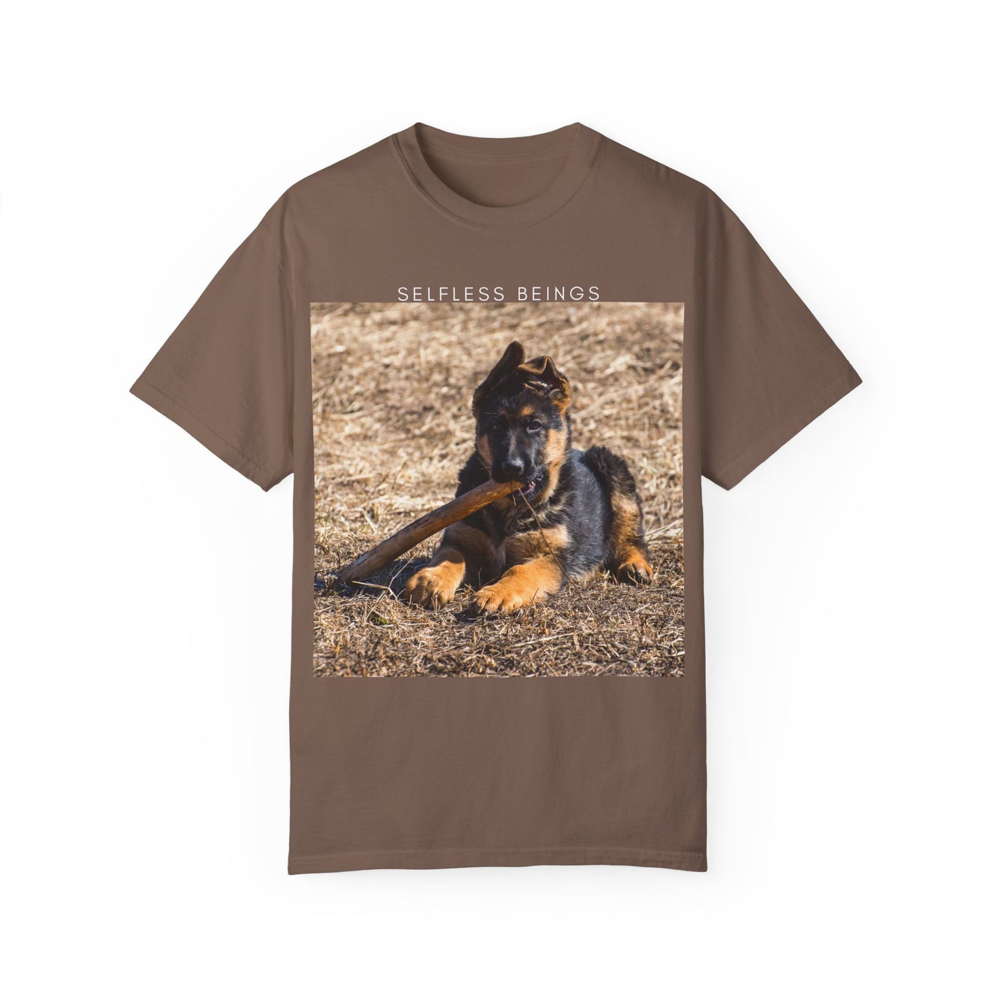 Unisex Dog Lover T-Shirt With a German Shepherd Puppy Playing With Wooden Stick on Dry Grass and Caption Selfless Beings