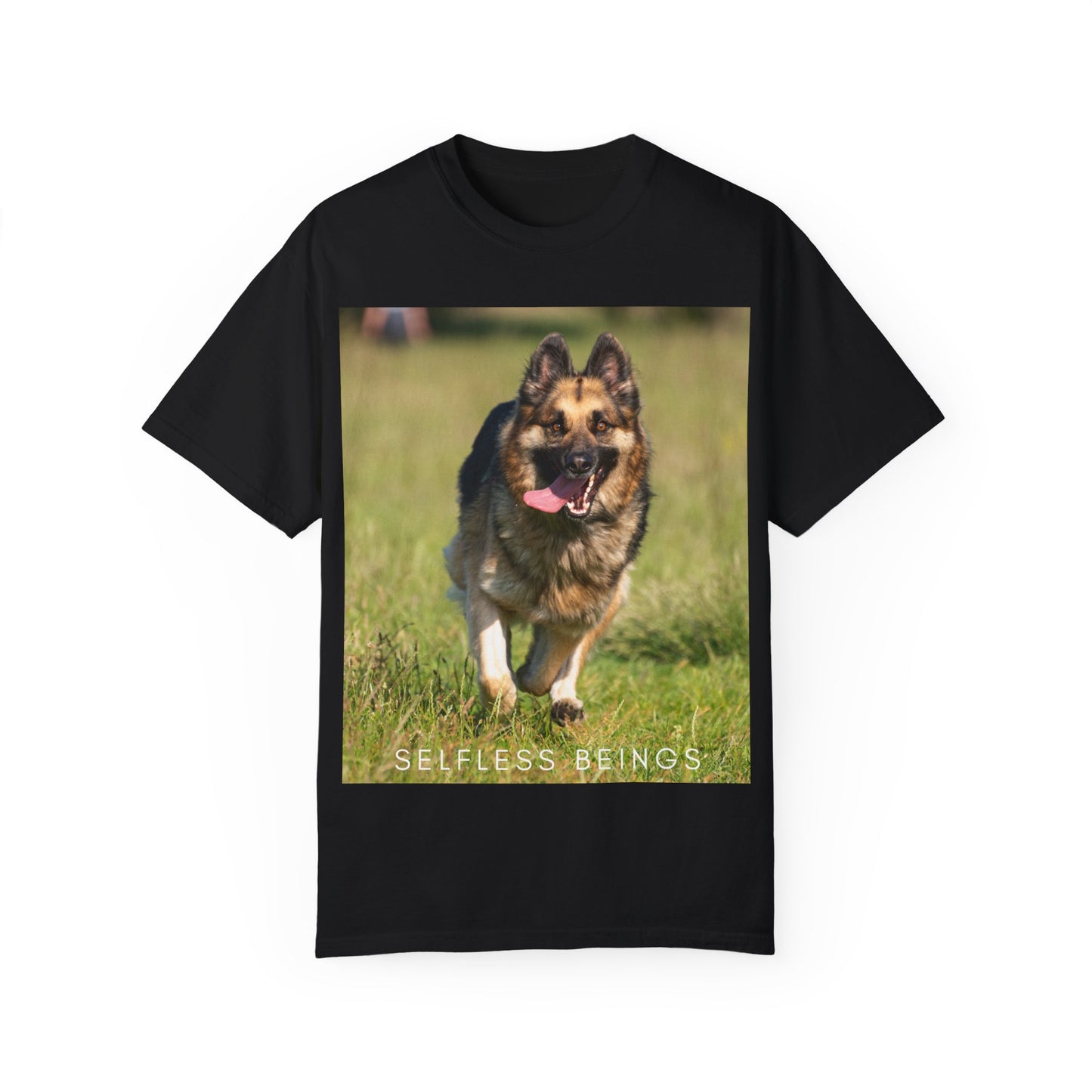 Unisex Dog Lover T-Shirt With Beautiful German Shepherd Running on the Field Leaving Tongue Out and Caption Selfless Beings