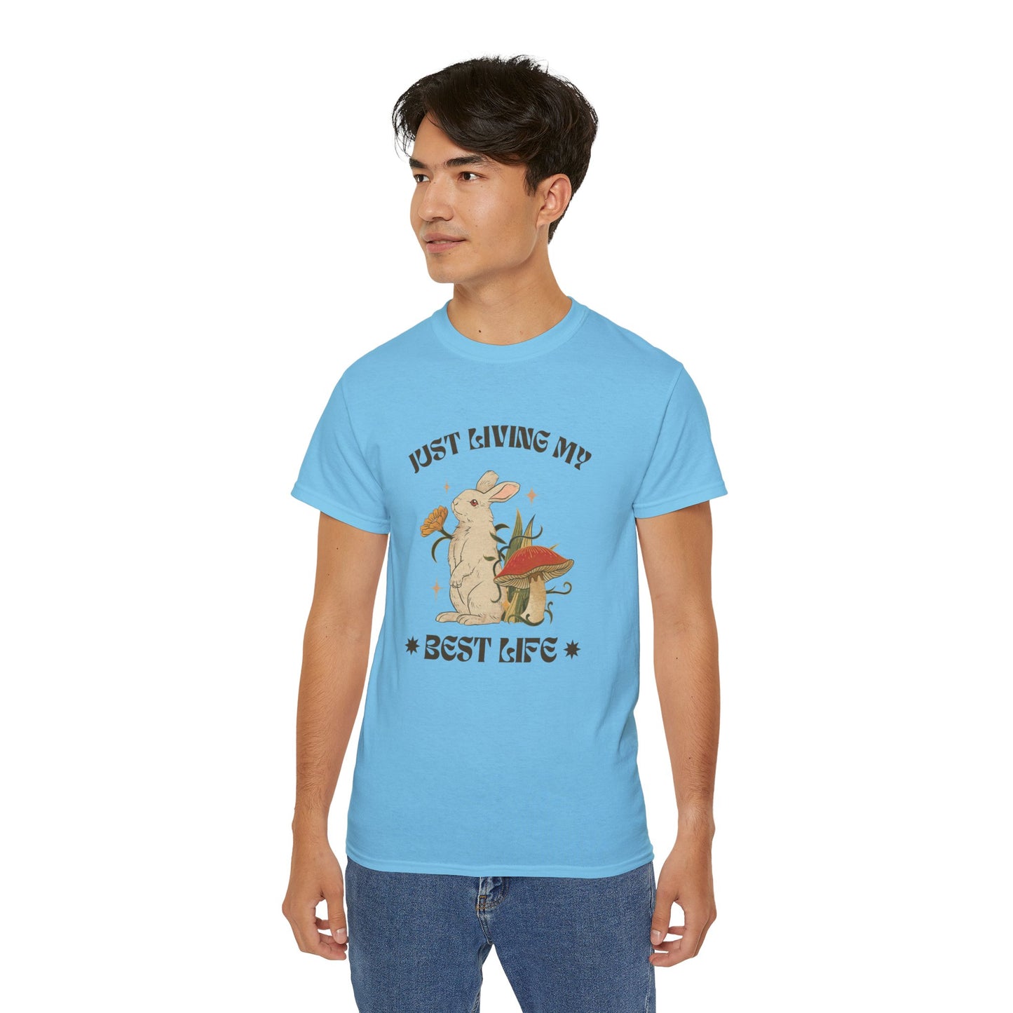 Unisex Ultra Cotton Tee - Just Living My Best Life Bunny Design, Cute Rabbit Shirt, Gift for Animal Lovers, Spring Fashion
