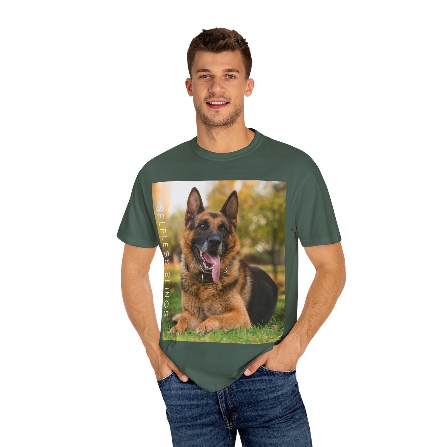 Unisex Dog Lover T-Shirt With Giant German Shepherd Relaxing on the Grass Leaving Tongue Out and Caption Selfless Beings