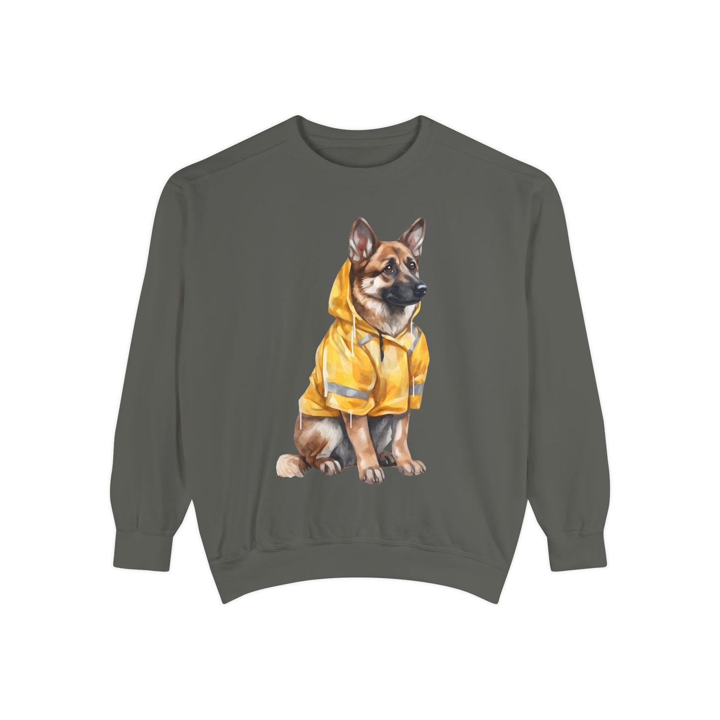 Unisex Dog Lover Sweatshirt With a Graphic of German Shepherd Wearing a Yellow Rain Coat