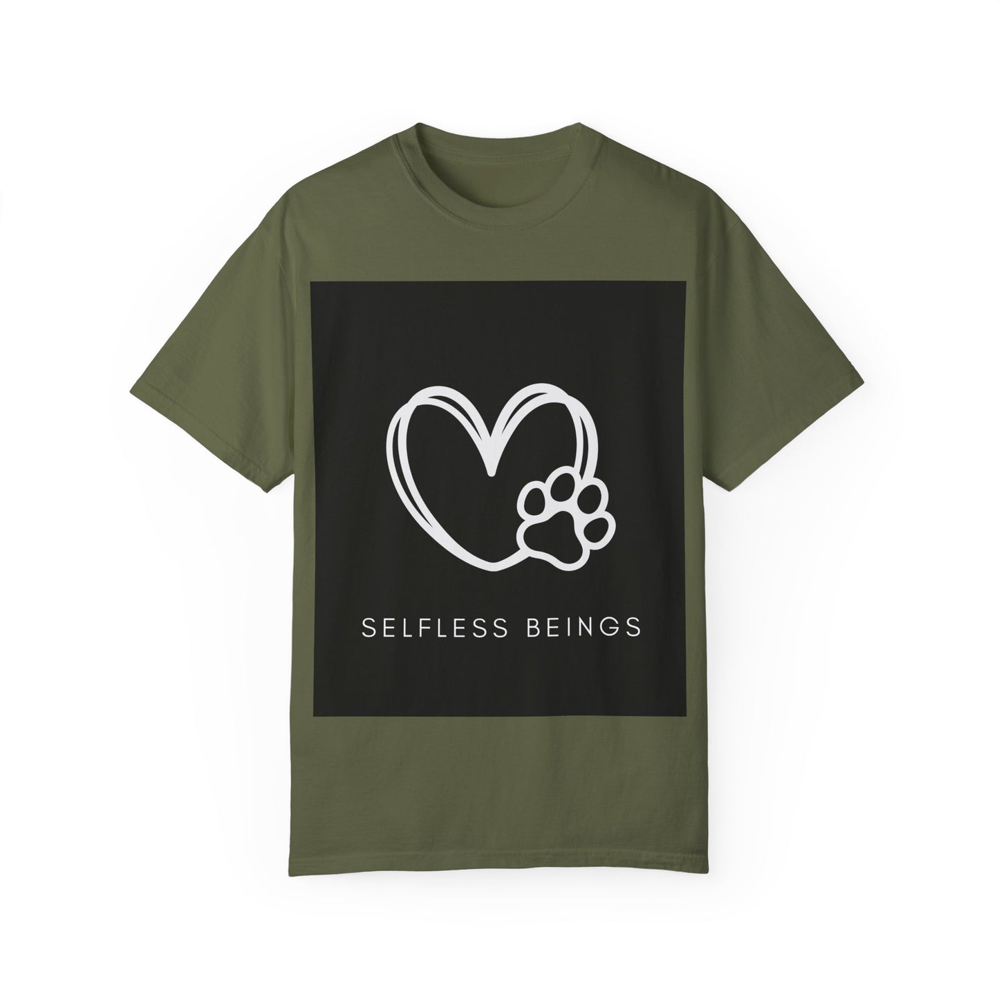 Unisex Dog Lover T-Shirt With White Heart and Dog's Paw Print on Right Side and Caption Selfless Beings