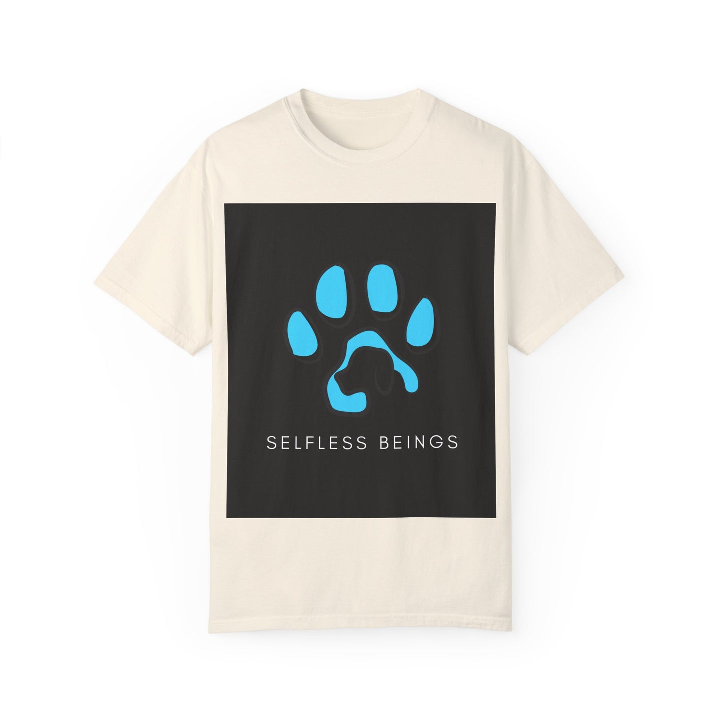 Unisex Dog Lover T-Shirt With Graphic of Blue Colored Dog Paw's Print Whose Metacarpal Contains a Design of Black Dog and Caption Selfless Beings Below
