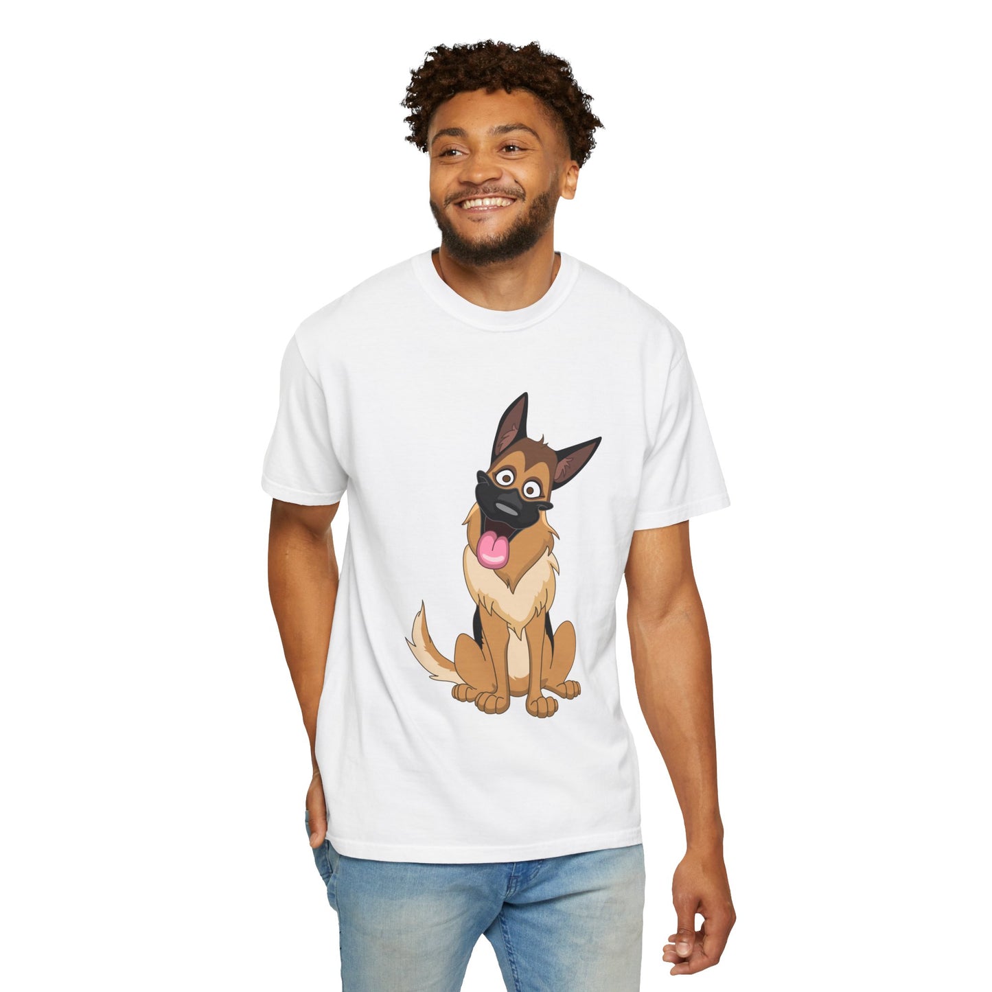 Unisex Dog Lover T-Shirt With Funny Cartoon of Tan Color German Shepherd