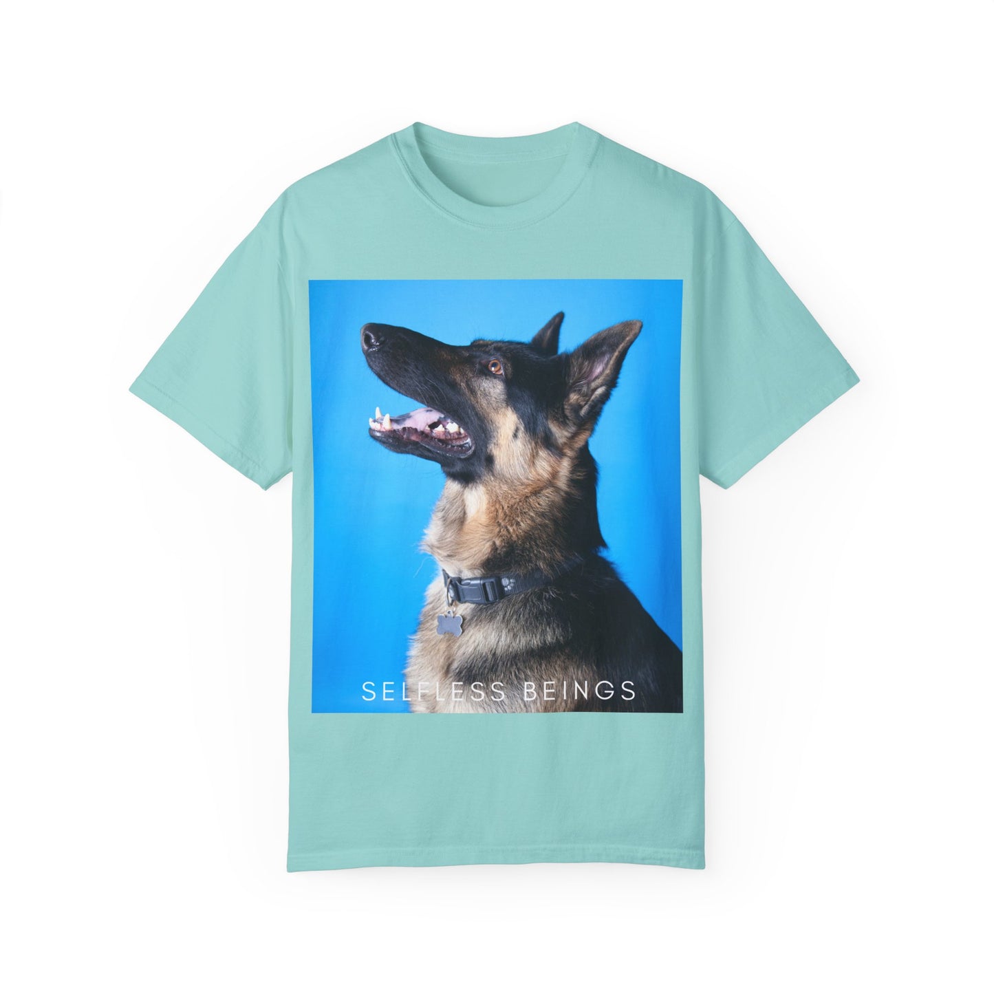 Unisex Dog Lover T-Shirt With Close Up Portrait of German Shepherd from Side Angle, Having Blue Background and Caption Selfless Beings