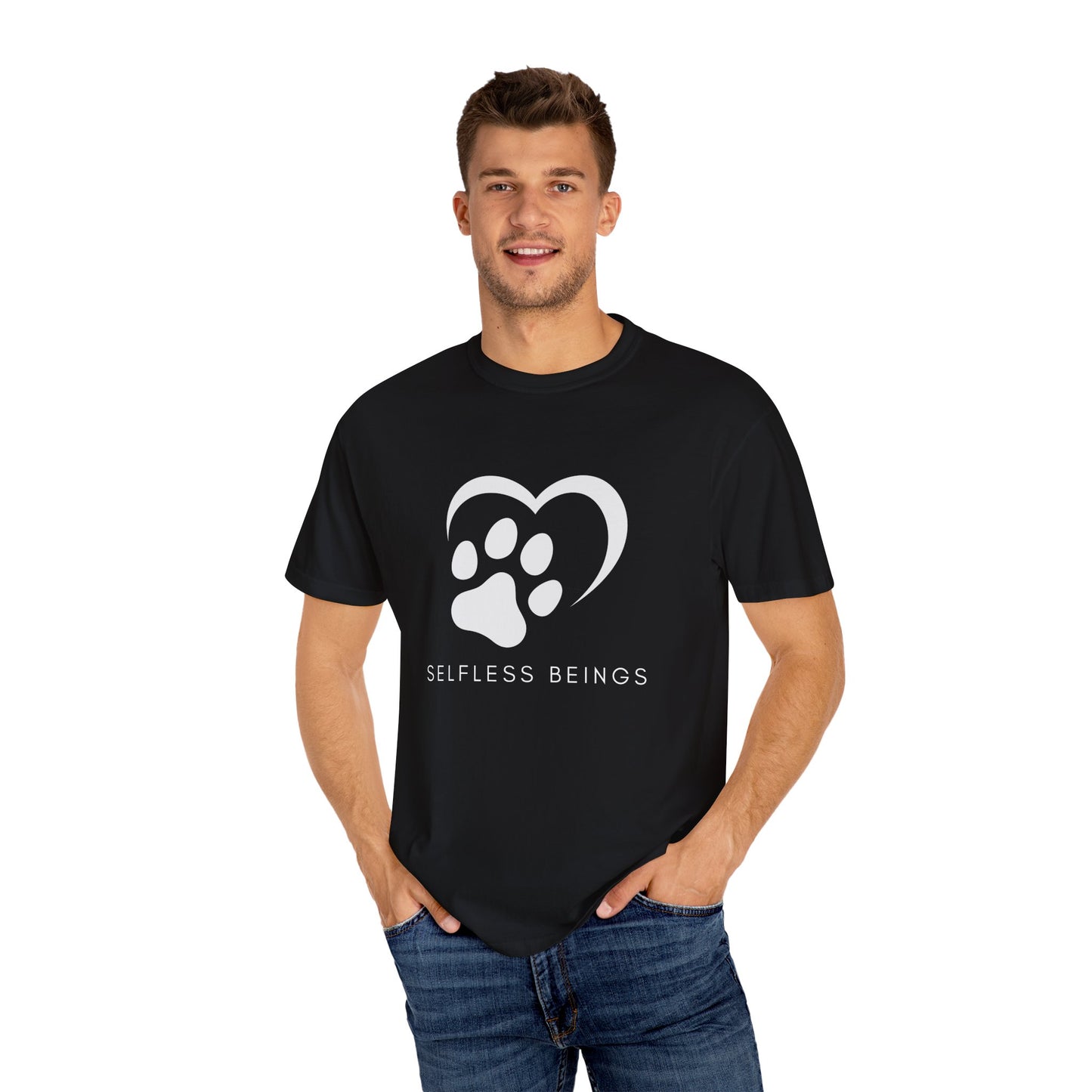 Unisex Dog Lover T-Shirt With Graphic of Half Heart and Dog Paw Print and Caption Selfless Beings Below