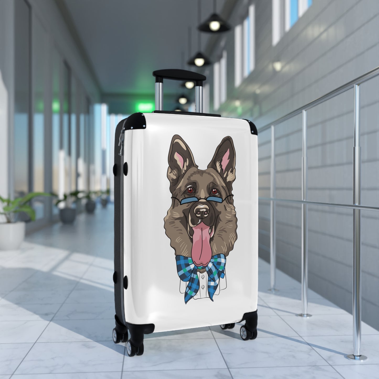 Stylish Pet-Lover Suitcase - Funny German Shepherd Wearing Blue Glasses and Bow Tie Leaving Tongue Out