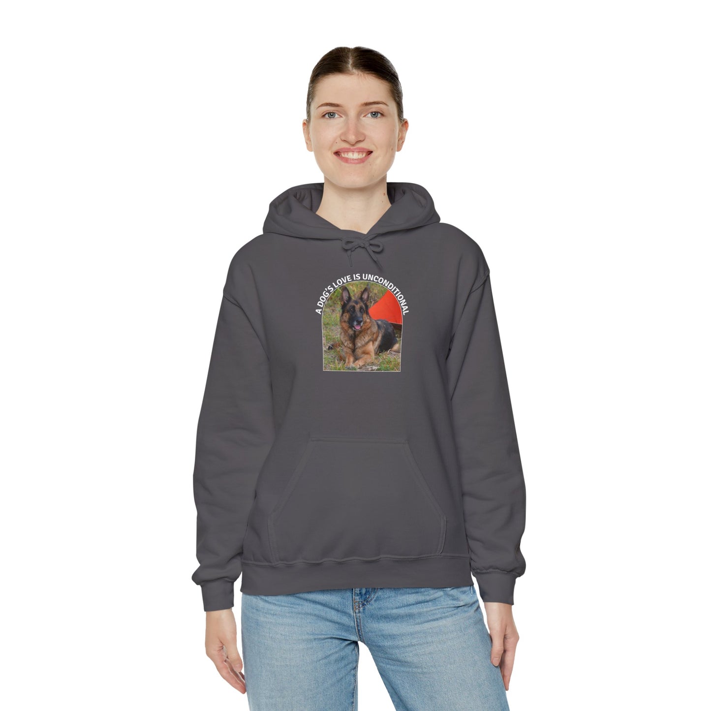 Unisex Dog Lover Hoodie With German Shepherd and Caption Dog's Love is Unconditional