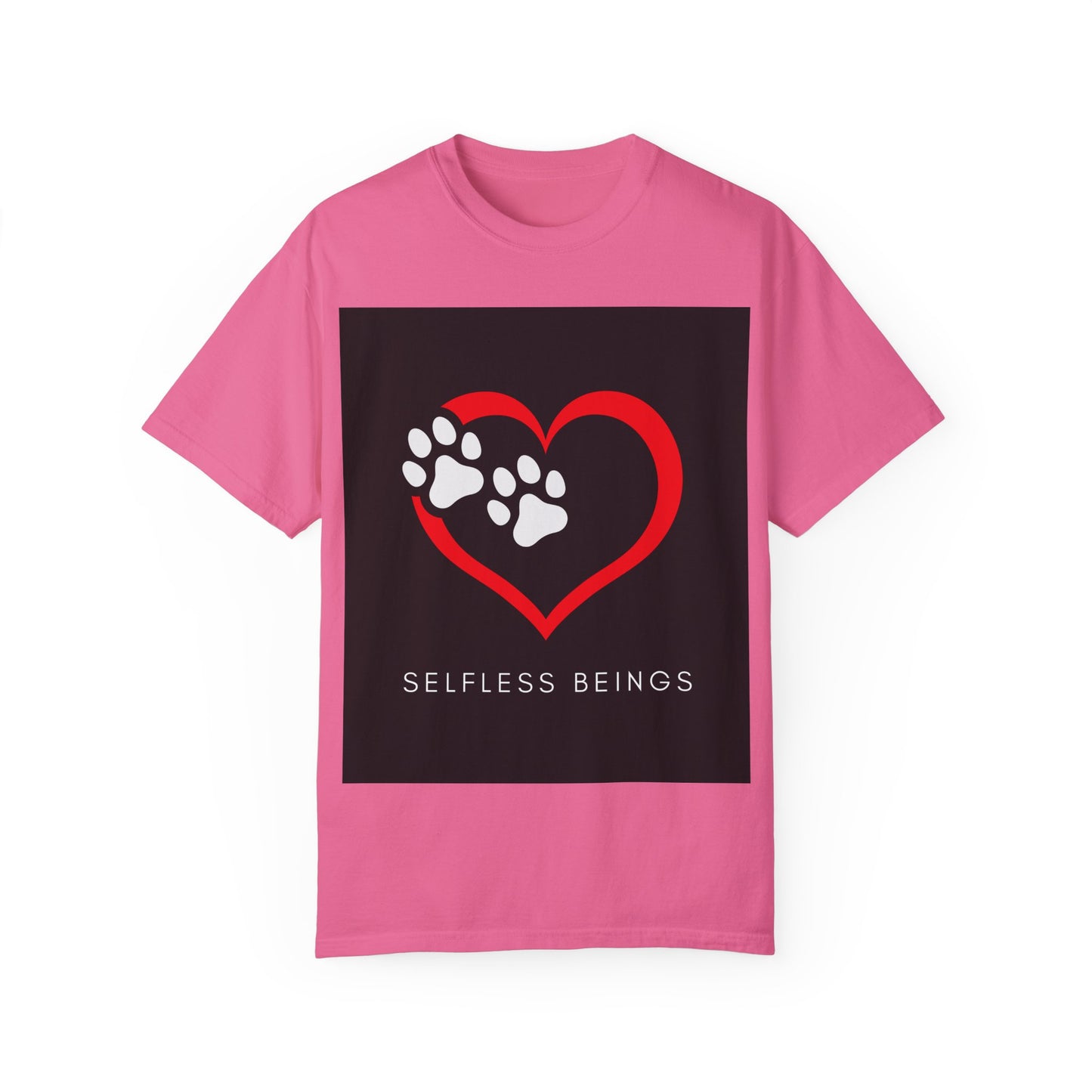 Unisex Dog Lover T-Shirt With Graphic of Red Heart That Contains Two White Dog Paw Prints and Caption Selfless Beings