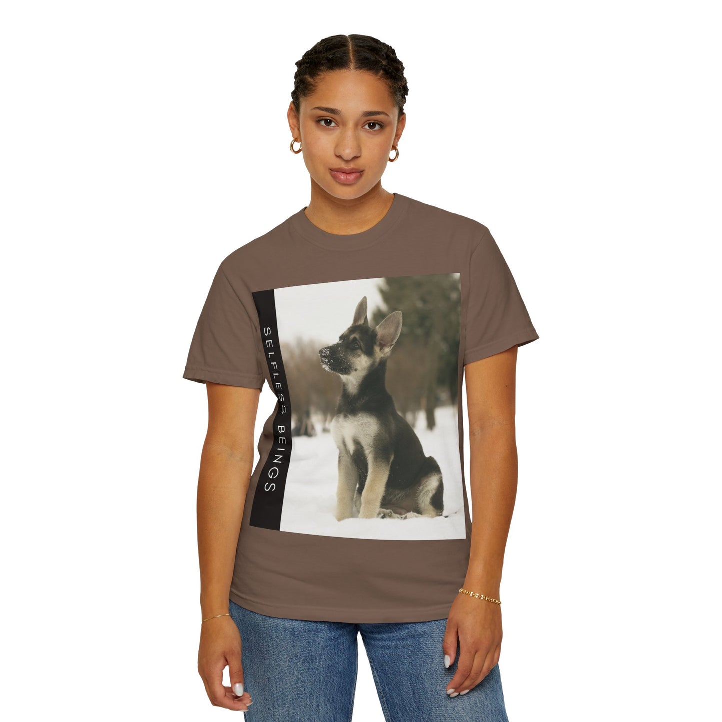 Unisex Dog Lover T-Shirt With a German Shepherd Puppy Sloppily Sitting on the Snow and Caption Selfless Beings