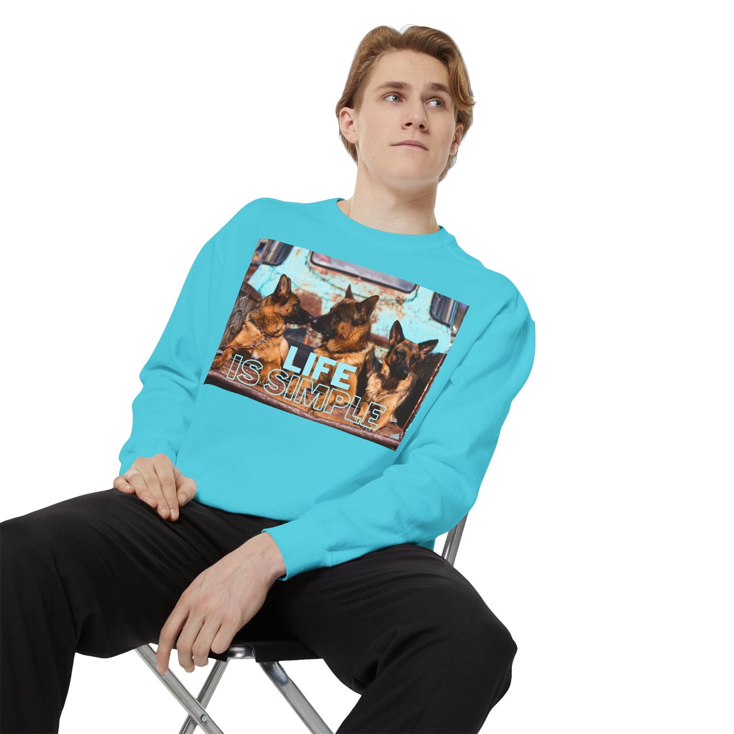 Unisex Dog Lover Sweatshirt With Three German Shepherds Sitting on the Truck's Cargo Bed and Caption Life is Simple