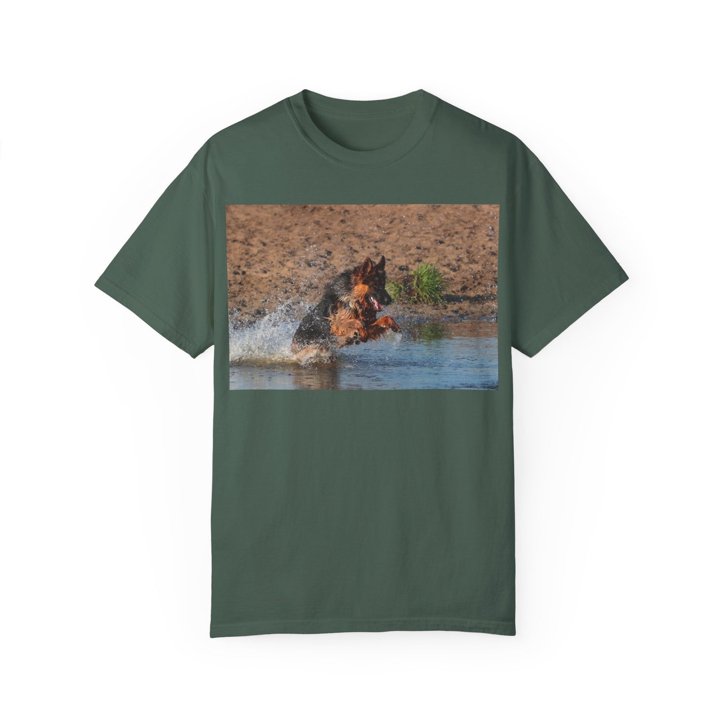 Unisex Dog Lover T-Shirt With Giant German Shepherd Jumps in the River