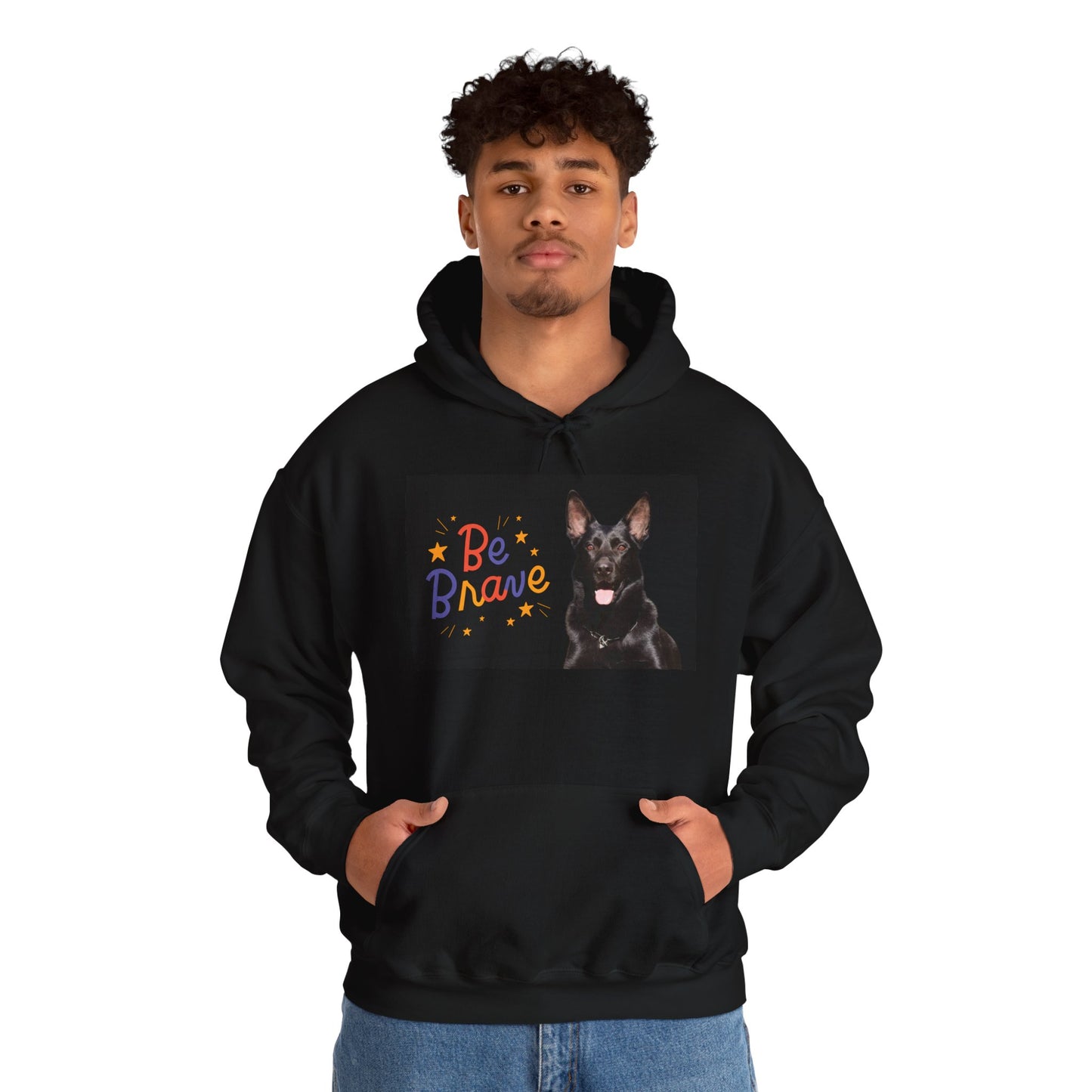 A Unisex Dog Lover Hoodie With Close Up of Solid Black German Shepherd and Caption Be Brave
