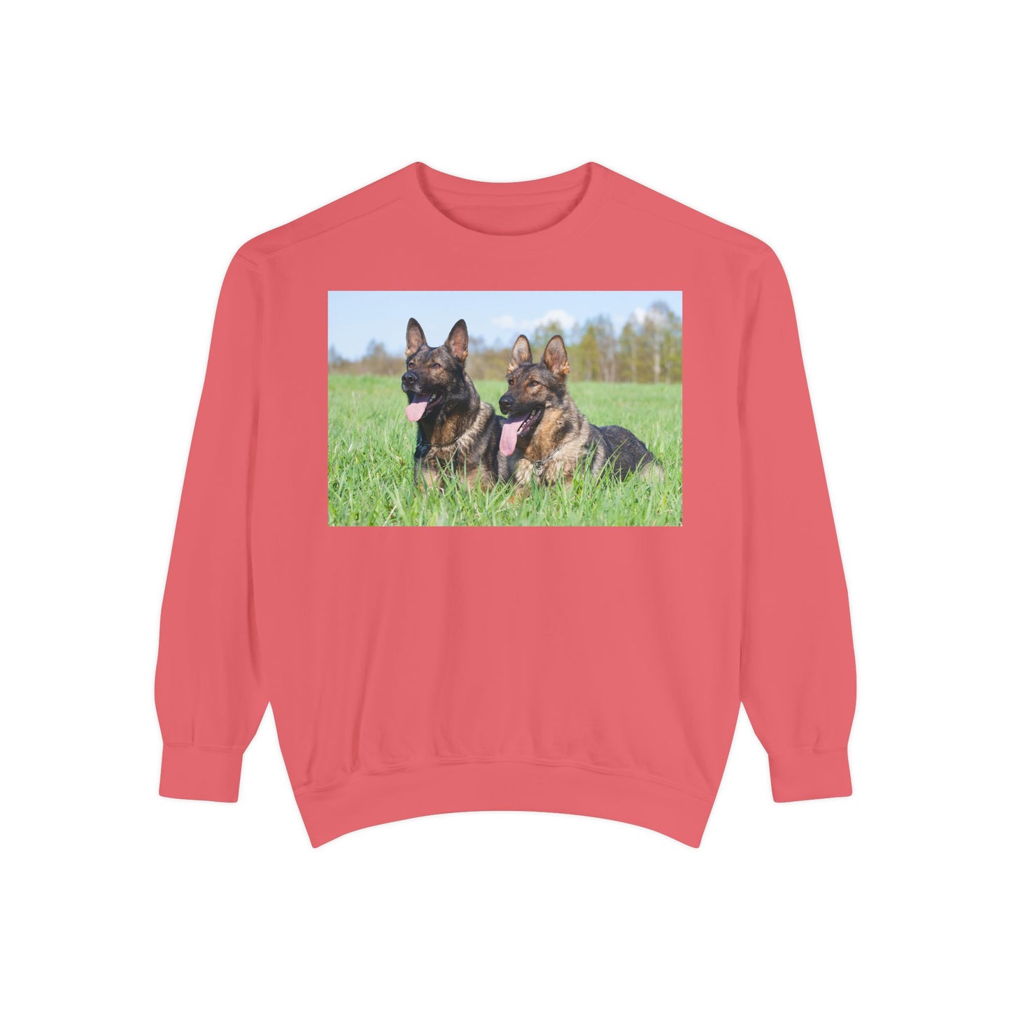 Unisex Dog Lover Sweatshirt With Two Giant German Shepherds Lying on the Grass With Tongues Out