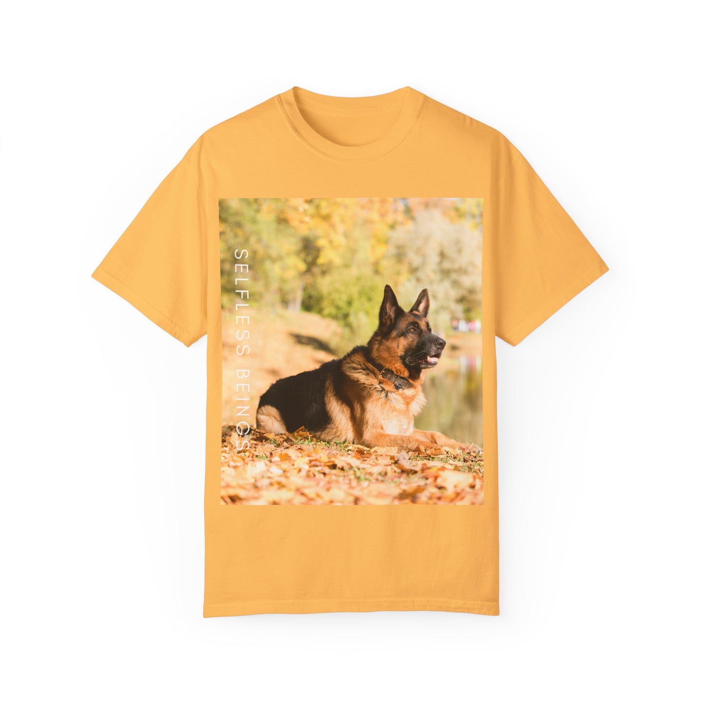 Unisex Dog Lover T-Shirt With a German Shepherd Resting in the Autumn Park on Leaves Near a Pond and Caption Selfless Beings
