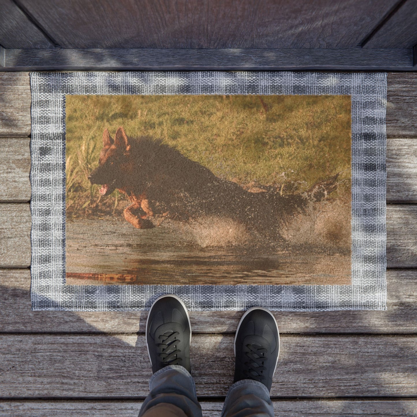 Pet Lovers Doormat Featuring a German Shepherd Jumping in the Water