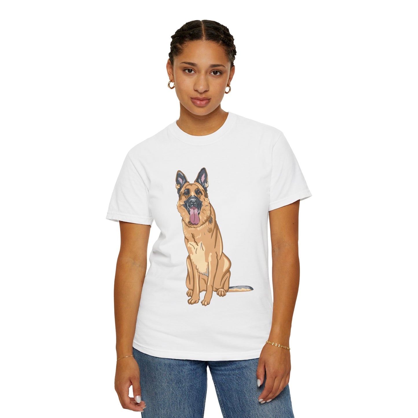 Unisex Dog Lover T-Shirt With Graphic of Giant German Shepherd Sloppily Sitting Leaving Tongue Out