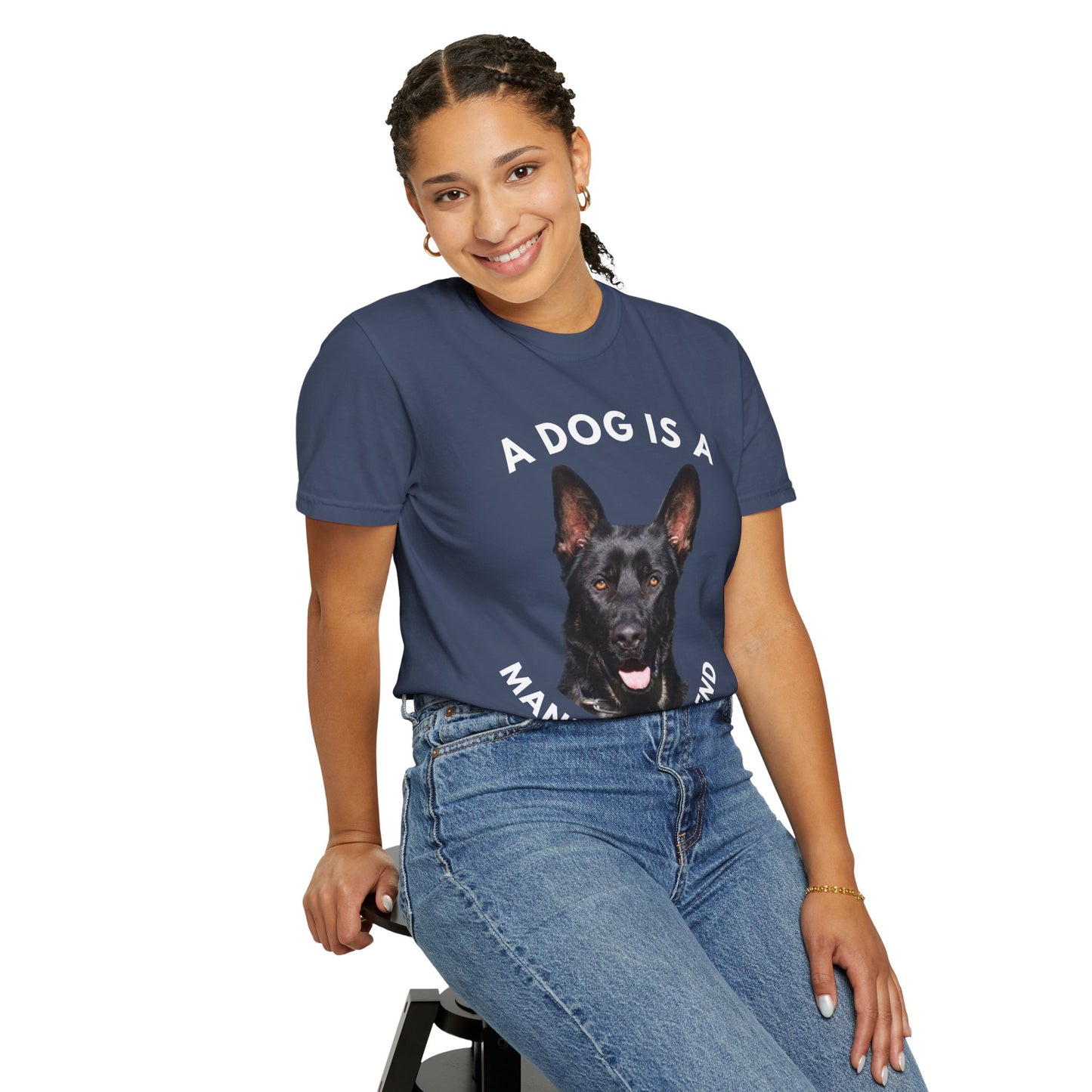 Unisex T-Shirt With Close Up Face of Giant German Shepherd and Quote A Dog Is A Man's Best Friend