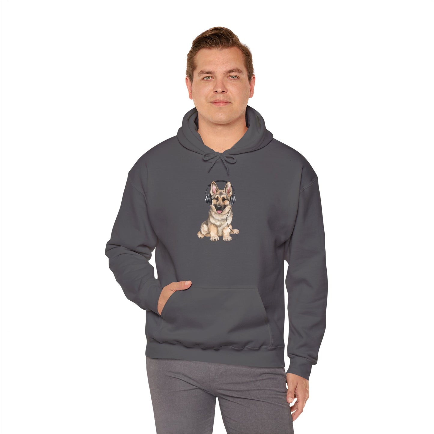 Unisex Dog Lover Hoodie With a German Shepherd Wearing Headphones Enjoying Music