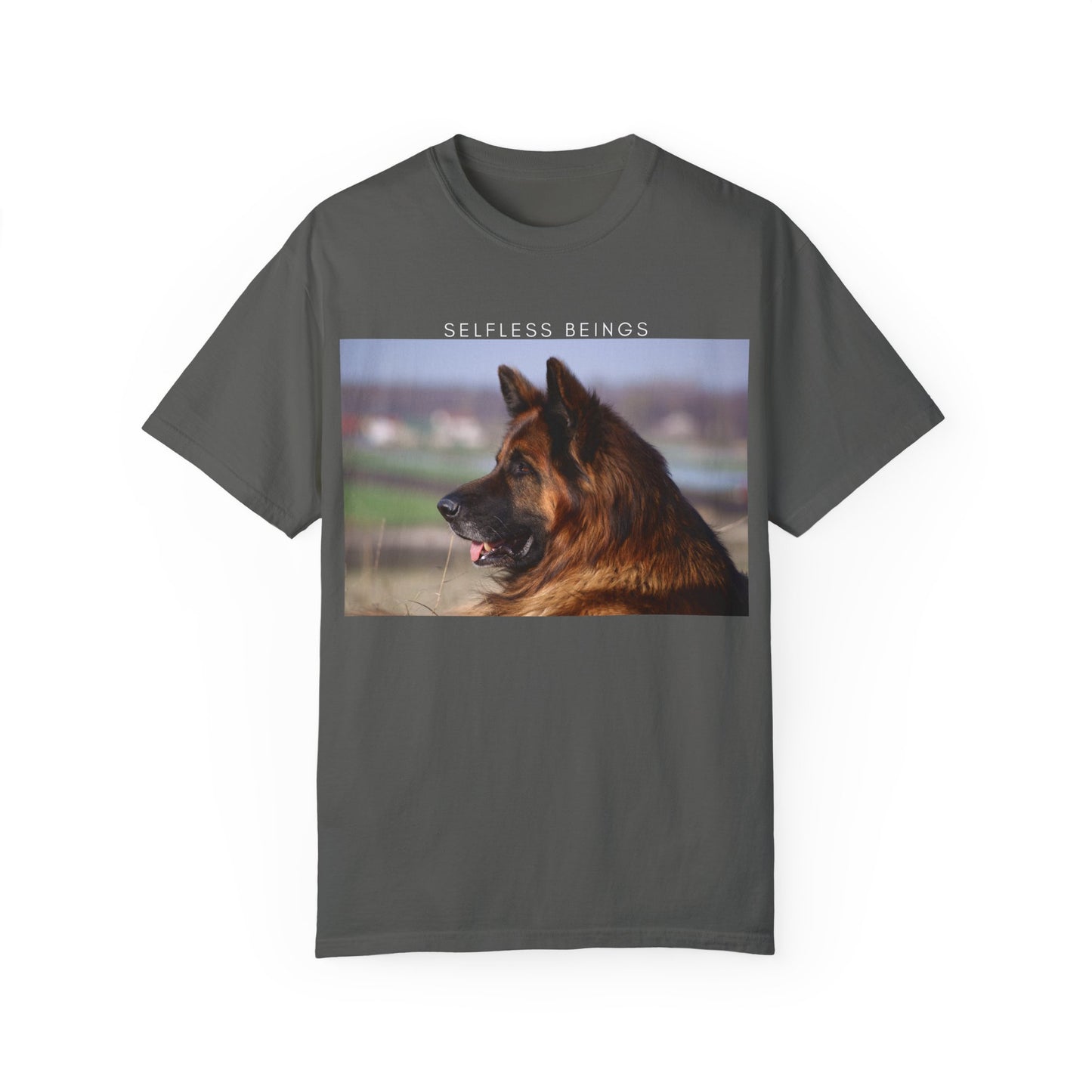 Unisex Dog Lover T-Shirt With Giant Long Coat German Shepherd Looking Straight and Caption Selfless Beings