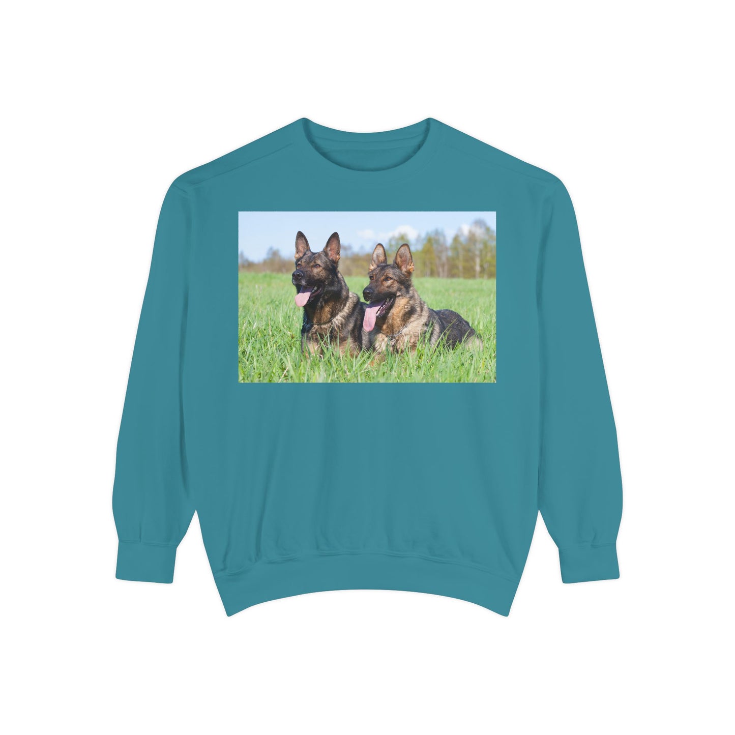 Unisex Dog Lover Sweatshirt With Two Giant German Shepherds Lying on the Grass With Tongues Out