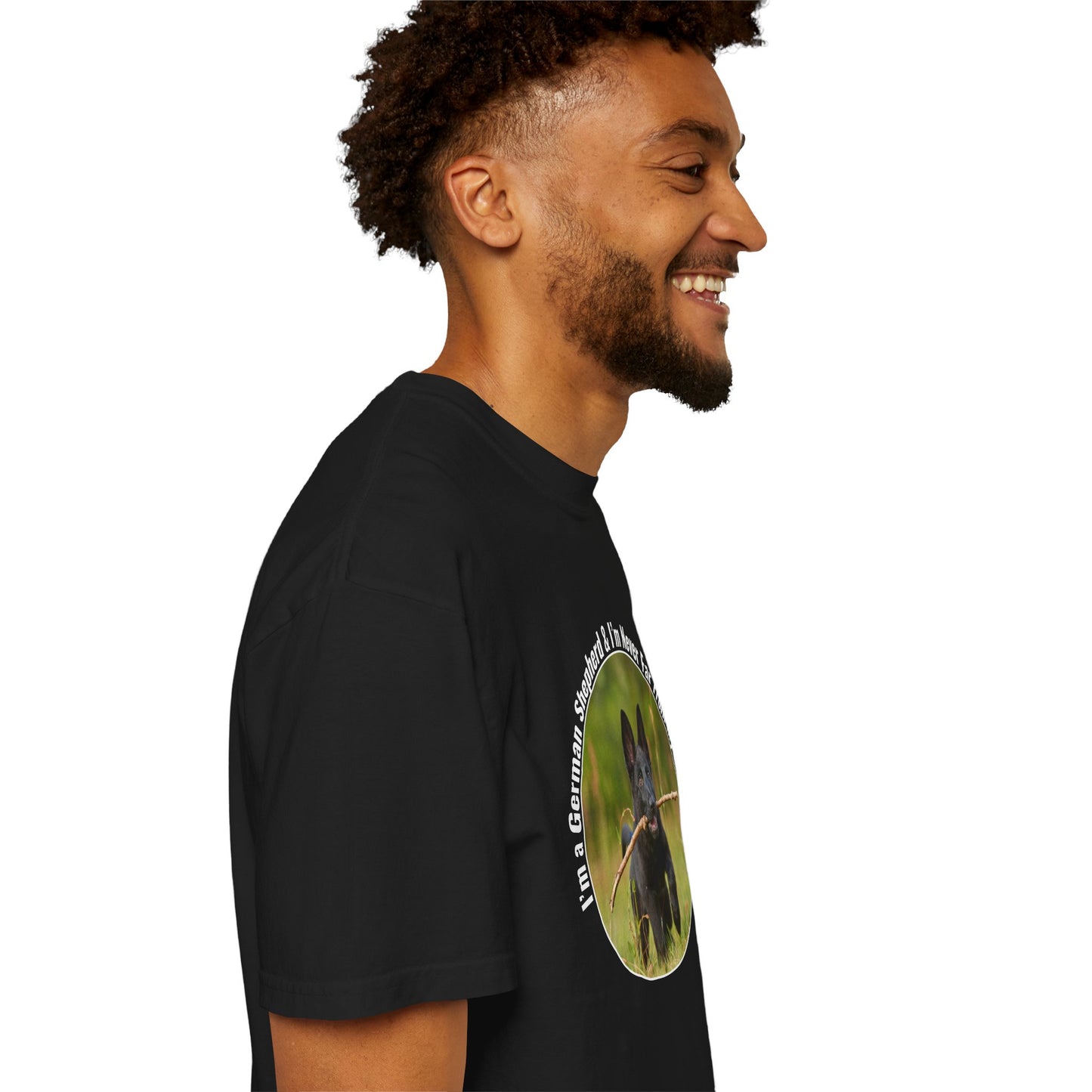 Unisex T-Shirt With Black German Shepherd Running on the Grass Holding a Stick in the Mouth and Quote I’m a German Shepherd and I’m Never Far From My Owner